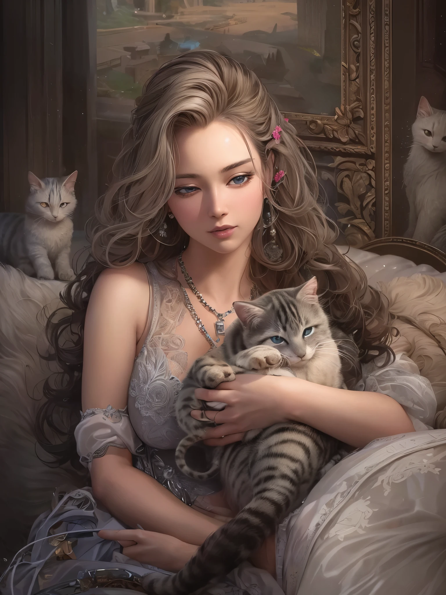 ((highest quality)),(Ultra-high resolution),(Very detailed),(Detailed Description),((The best CG)),(A masterpiece),Ultra-precise art,Amazing drawing art,(Art with precise detail:1.5), A woman talking on the phone while holding a kitten on her lap
