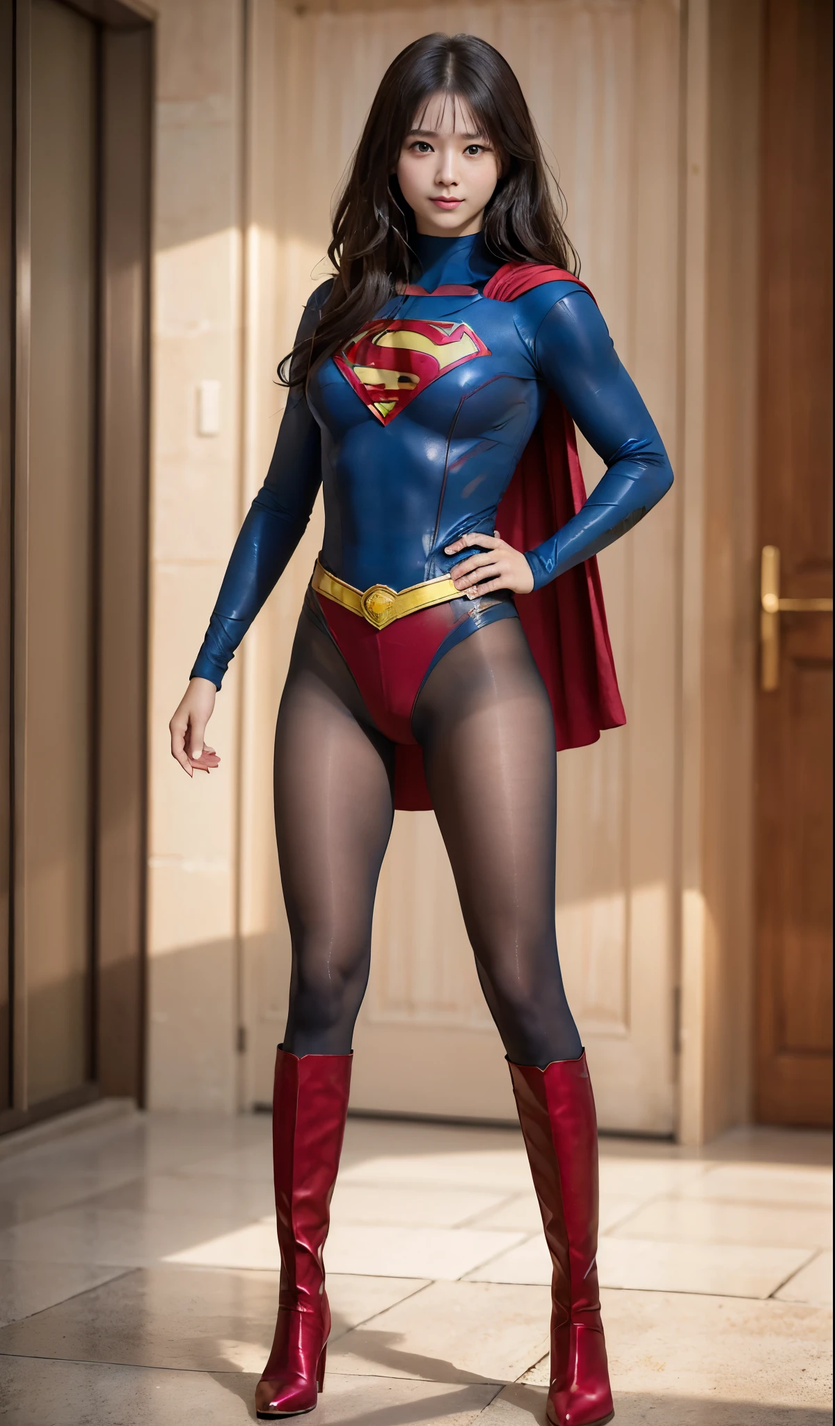 No background、(((Beautiful legs in black tights.)))、(((Legally express the beauty of your smile)))、((((Make the most of your original images)))、(((Supergirl Costume)))、(((Beautiful Hair)))、(((suffering)))、(((Please wear black tights....、Wear red boots)))、((Best image quality、8K))、((highest quality、8K、masterpiece:1.3))、(((Preserve background )))、Sharp focus:1.2、Beautiful woman with perfect figure:1.4、Thin abdominal muscles:1.2、Wet body:1.5、Highly detailed face and skin texture、8K