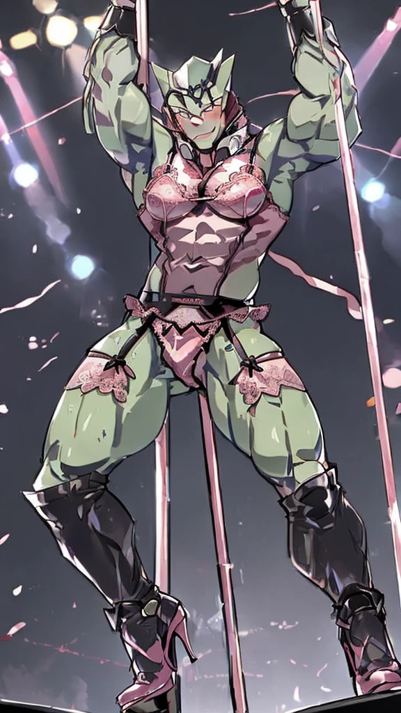 one person、Strong adult man、Green Skin、Exact finger count、Exact number of legs、Exact number of arms、Blushing、(((Revealing pink lace underwear)))、garter belt、Knee-high socks、High heel pumps、Pink bra with ribbon、Nightclub Background、Dancing pole dancing、Angle from below