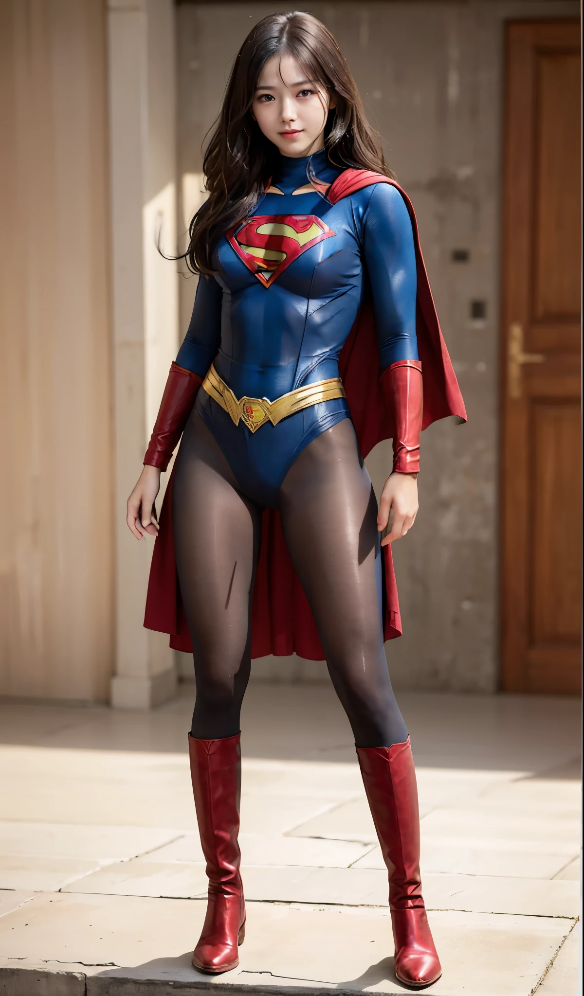 No background、(((Beautiful legs in black tights.)))、(((Legally express the beauty of your smile)))、((((Make the most of your original images)))、(((Supergirl Costume)))、(((Beautiful Hair)))、(((suffering)))、(((Please wear black tights....、Wear red boots)))、((Best image quality、8K))、((highest quality、8K、masterpiece:1.3))、(((Preserve background )))、Sharp focus:1.2、Beautiful woman with perfect figure:1.4、Thin abdominal muscles:1.2、Wet body:1.5、Highly detailed face and skin texture、8K