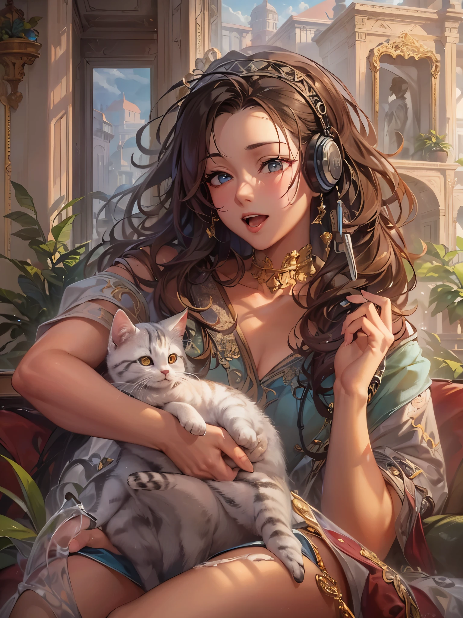 ((highest quality)),(Ultra-high resolution),(Very detailed),(Detailed Description),((The best CG)),(A masterpiece),Ultra-precise art,Amazing drawing art,(Art with precise detail:1.5), A woman talking on the phone while holding a kitten on her lap