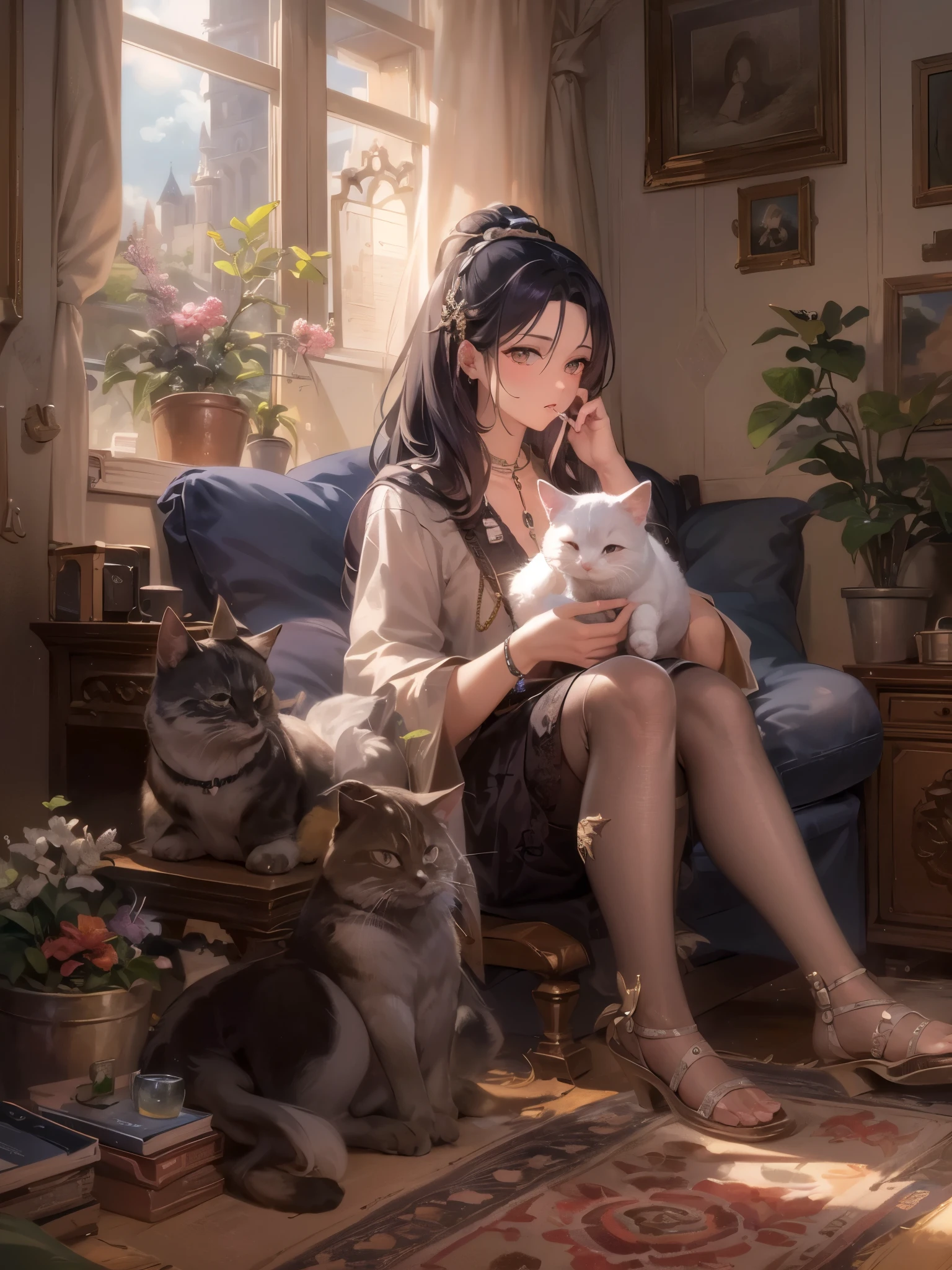 ((highest quality)),(Ultra-high resolution),(Very detailed),(Detailed Description),((The best CG)),(A masterpiece),Ultra-precise art,Amazing drawing art,(Art with precise detail:1.5), A woman talking on the phone while holding a kitten on her lap