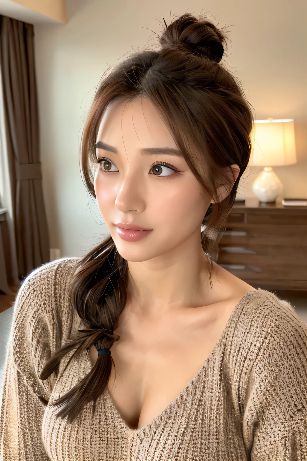 ((NSFW))、(​masterpiece:1.5)、(8K)、(Photorealsitic:1.5)、Raw photography、(Top image quality:1.4)、(sharp focus:1.5)、 top-quality、​masterpiece、超A high resolution、Perfect dynamic composition、
40-year-old Japan model、Colossal tits,slender、Unwind in the living room、prety woman:1.4、serious facial expression、 
knitted sweater(Tight Dress)Put on the、
 light brown hair、Hairstyle is ponytail、Glowing hair、 
Super Detail Face、A detailed eye、double eyelid、 Natural Color Lip、Transparent skin、
Colossal ,V-neck、Cleavage、