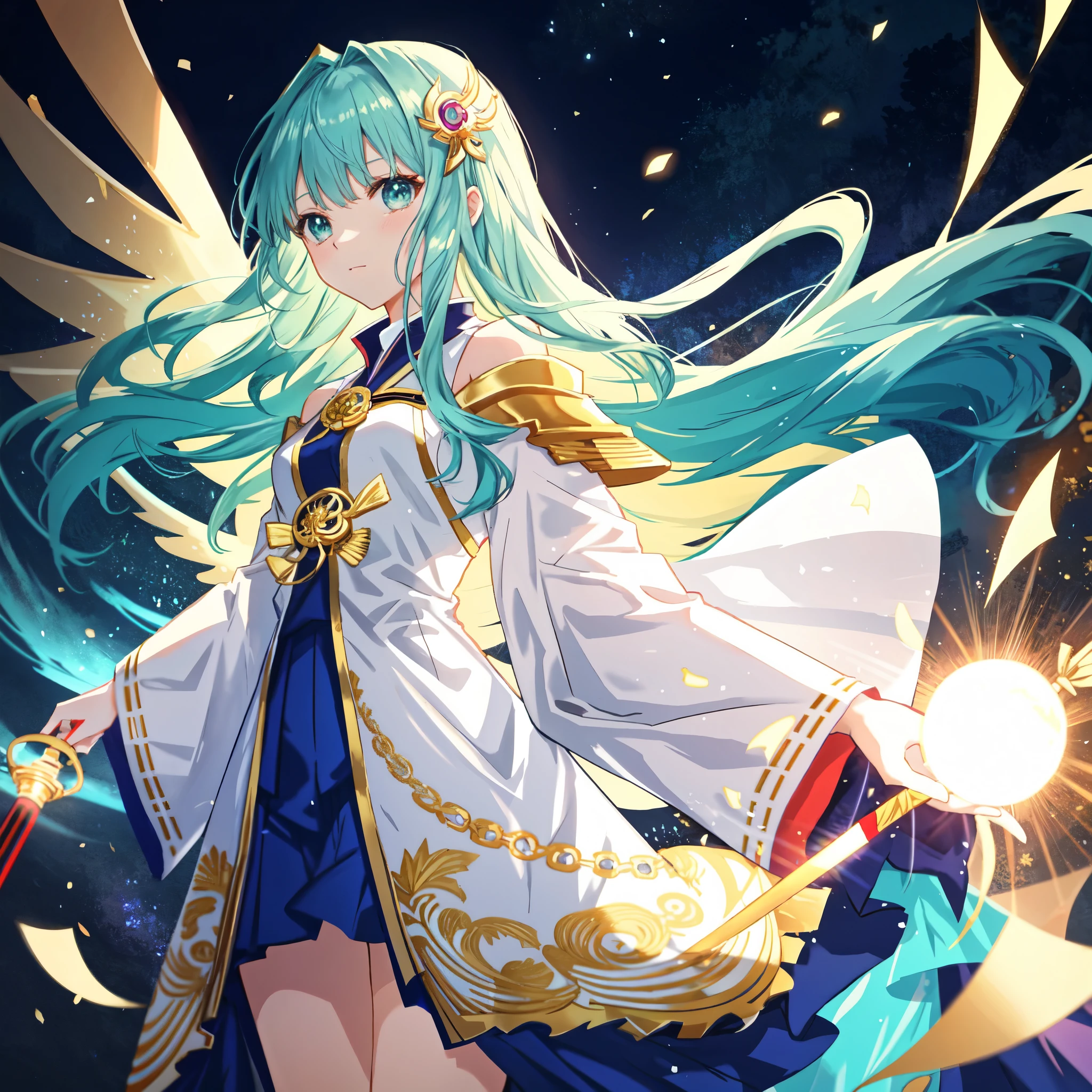 **AI Illustration Prompt for Seart** 
- **Theme**: Tsukuyobi no Miko (Moon Calling Child), dedicated to the soul
- **Character**: One female character
- **Worldview**: Fusion of anime and manga, blurring fantasy and reality
- **Body Type and Skin Color**: Slim, muscular, natural skin tone
- **Costume and Colors**: Modern clothing, primary colors: gold, blue, green
- **Hairstyle and Color**: Mainly long hair, with elements of other styles. Hair color: gold with hints of blue and green
- **Wings**: Present, symbolizing freedom and strength
- **Props**: A magic wand
- **Emotions and Movements**: Brave, active expressions and movements. Character is swinging her magic wand, moving forward powerfully, indicating she's heading into battle.
- **Perspective**: Character in the foreground, background appears distant
- **Composition**: Character positioned in the center of the screen
- **Background and Colors**: Fantasy forest, natural colors
- **Lighting**: Dramatic lighting emphasizing character's emotions and scene's importance
- **Style1**: Realistic bikini, Zero Two, Yandere complex, Anime goddess, Knight of the Zodiac girl
- **Style2**: Casual clothes, White anime Barbie, Biomechanical, Casual clothing, Anime Moe art style, Dress, Desktop background, Biomechanical large chest
- **Image Quality**: 8K high-quality detailed art, Photorealistic rendering of an anime girl, [ 4K Digital Art ]!!, Anime with attention to detail, Very detailed short full-body portrait!, Pixiv digital art, Anime art wallpaper 8 K
