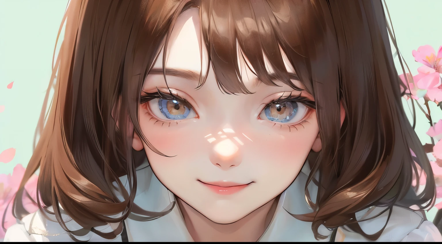 (((1 personの少女)))、((1 person)),Masterpiece,best quality, ((Shy smile))), ,(((Date)))、,((White shirt))、((Pastel background)),、((Jasmine flowers)),determined expression, Upper body diagram、 (Highest Resolution、Clear_image)、Best Quality、Light and shadow contrast、((illumination))、Very detailed、Semi-realistic、Short hairstyle、Brown Hair、bangs、19 years old、　Lady,,young、((View from top))、Delicate Facial Features
