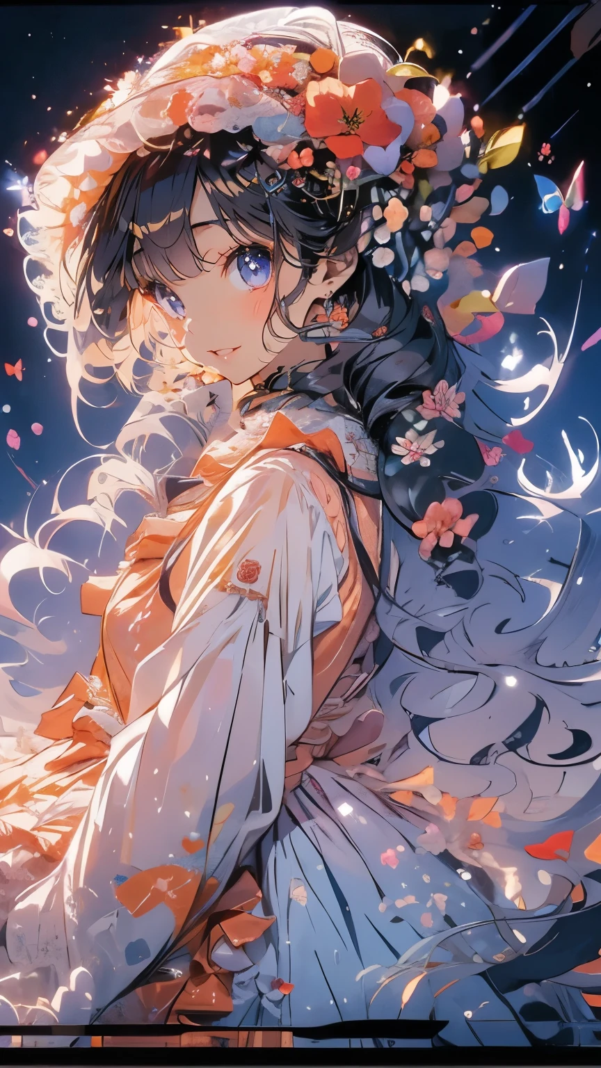 (Mastepiece)、(Best Quality)、Highly detailed face、Anime Girl、1 girl、Orange Lolita Dress、Long Hair、Lots of flowers、butterfly々、petal、smile