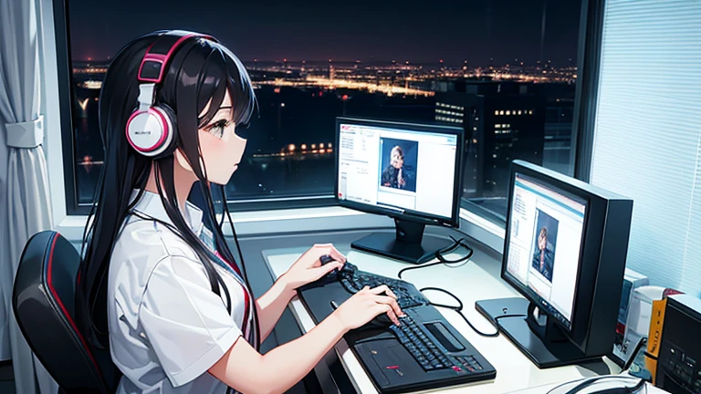 A woman working on a desktop computer while listening to music with headphones in a room with a night view。The angle of view allows you to see the profile.。