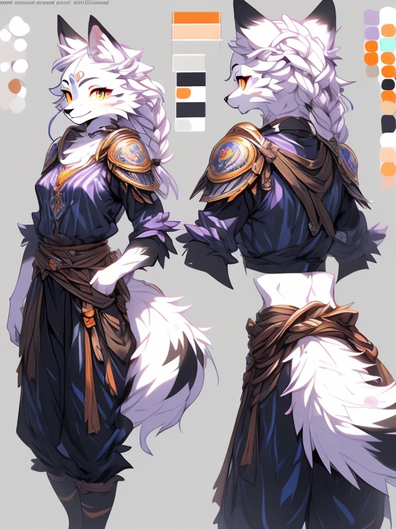 ( Absurdly , High quality , ultra detailed ) ,( hand detailed ) , 1girl, solo, mature, (concept art, character sheet), absurdres(highly detailed beautiful face and eyes)perfect anatomy Solo, sfw, Young Female white fox-cat (((lean-body))) (((medium breasts))) (short snout),(((fur (black stripe) between neck and shoulder towards chest))) ((fur (black stripes) on waist))(ears are darker), (heterochromia (orange, violet)), (cat tail (black at end)), (white hair (single-braided)), (fantasy adventure type clothing ((violet shirt)), (navy-blue belt) khaki pants)), happy ((looking at viewer)) ((Female wolf)) (detailed eyes) (clevedge, (collarbone, shoulders), (solo, (1girl)) ((((fluffy white fur)))) ((extremely detailed fur)) (violet shirt) ((hair in face)) (big braid), sfw, (thin long tail) (heterochromia, violet, orange) (extremely detailed eyes) joyful (((concept art, character sheet, (multiple views)))) ((adventure fantasy clothing))