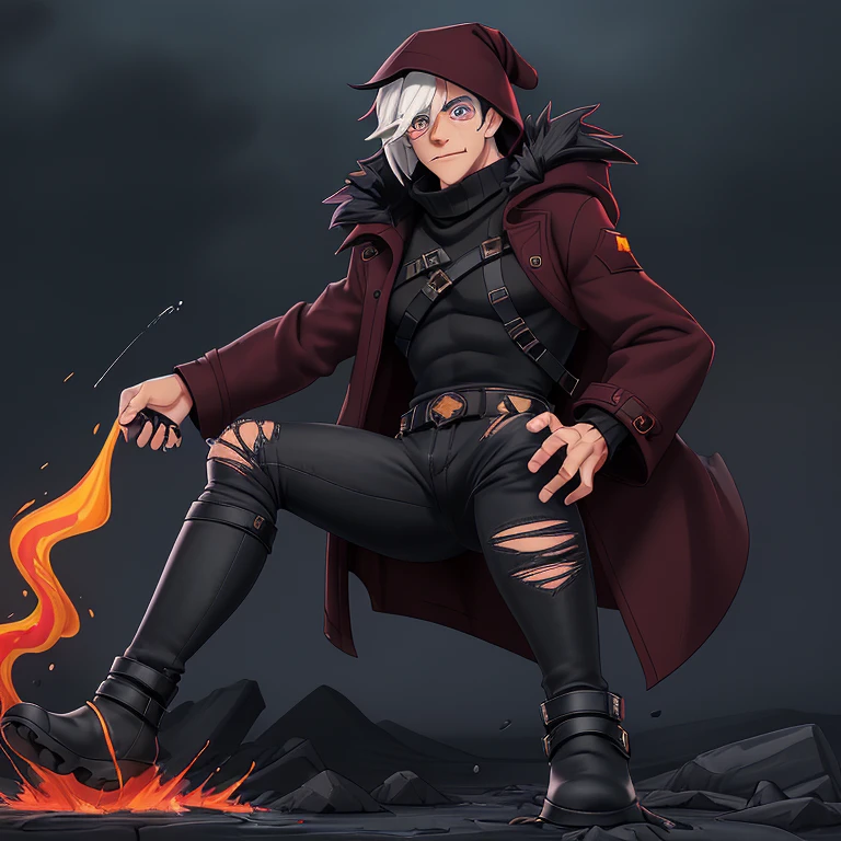 a male with heterochromia, and wearing mummy wrappings and a wearing a pair of black jeans with a torn knee hole tucked into black steel toe rain boots with the tops folded down, a red sweater, and a long maroon coat with black pockets and a big black fur hood with white tips in a flame pattern.
