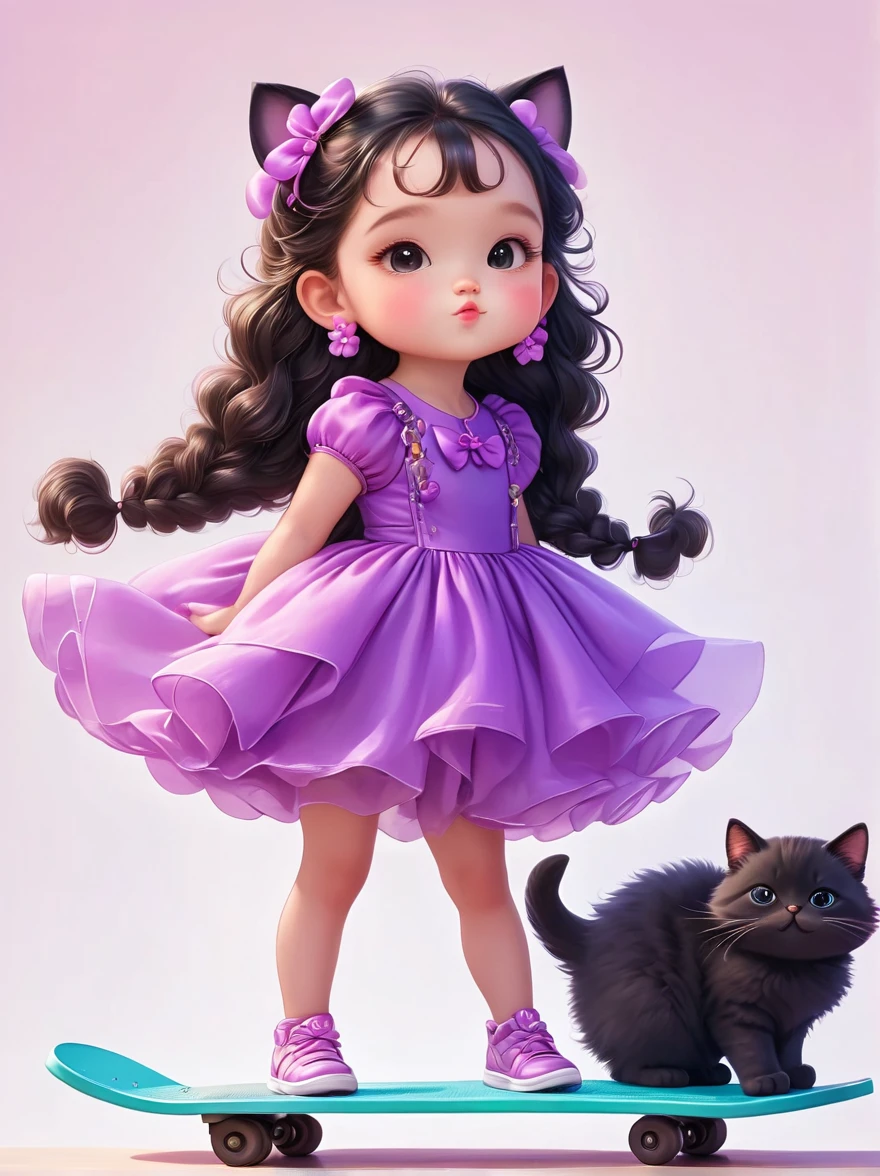 Full body portrait, cute baby girl (six years old, long curly black hair ,fluffy,long eyelashes,round and chubby face,purple dress) ,pulling the suitcase, a cat,smile,Soft light,in the art of kawaii pop culture icons, digital airbrushing,high quality, smooth lines, cartoon style,trending on Instagram, ultrarealistic,Soft light, natural lighting, in the style of 2d game art, an flat illustration poster ,HD, 8k