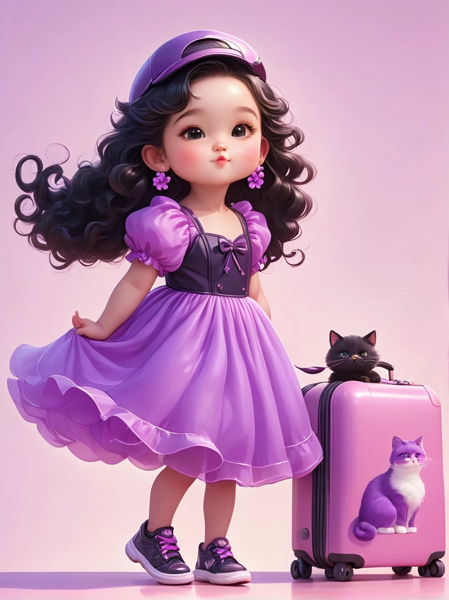 Full body portrait, cute baby girl (six years old, long curly black hair ,fluffy,long eyelashes,round and chubby face,purple dress) ,pulling the suitcase, a cat,smile,Soft light,in the art of kawaii pop culture icons, digital airbrushing,high quality, smooth lines, cartoon style,trending on Instagram, ultrarealistic,Soft light, natural lighting, in the style of 2d game art, an flat illustration poster ,HD, 8k