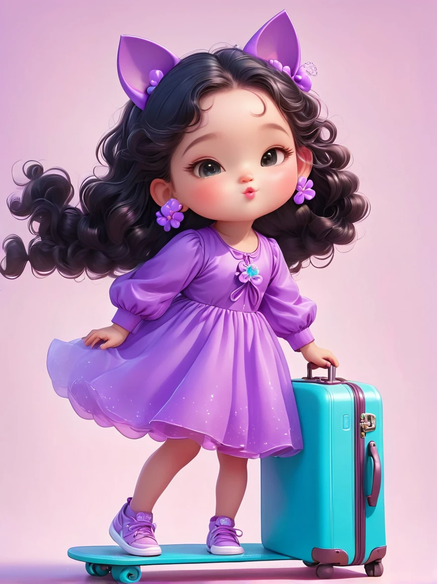 Full body portrait, cute baby girl (six years old, long curly black hair ,fluffy,long eyelashes,round and chubby face,purple dress) ,pulling the suitcase, a cat,smile,Soft light,in the art of kawaii pop culture icons, digital airbrushing,high quality, smooth lines, cartoon style,trending on Instagram, ultrarealistic,Soft light, natural lighting, in the style of 2d game art, an flat illustration poster ,HD, 8k