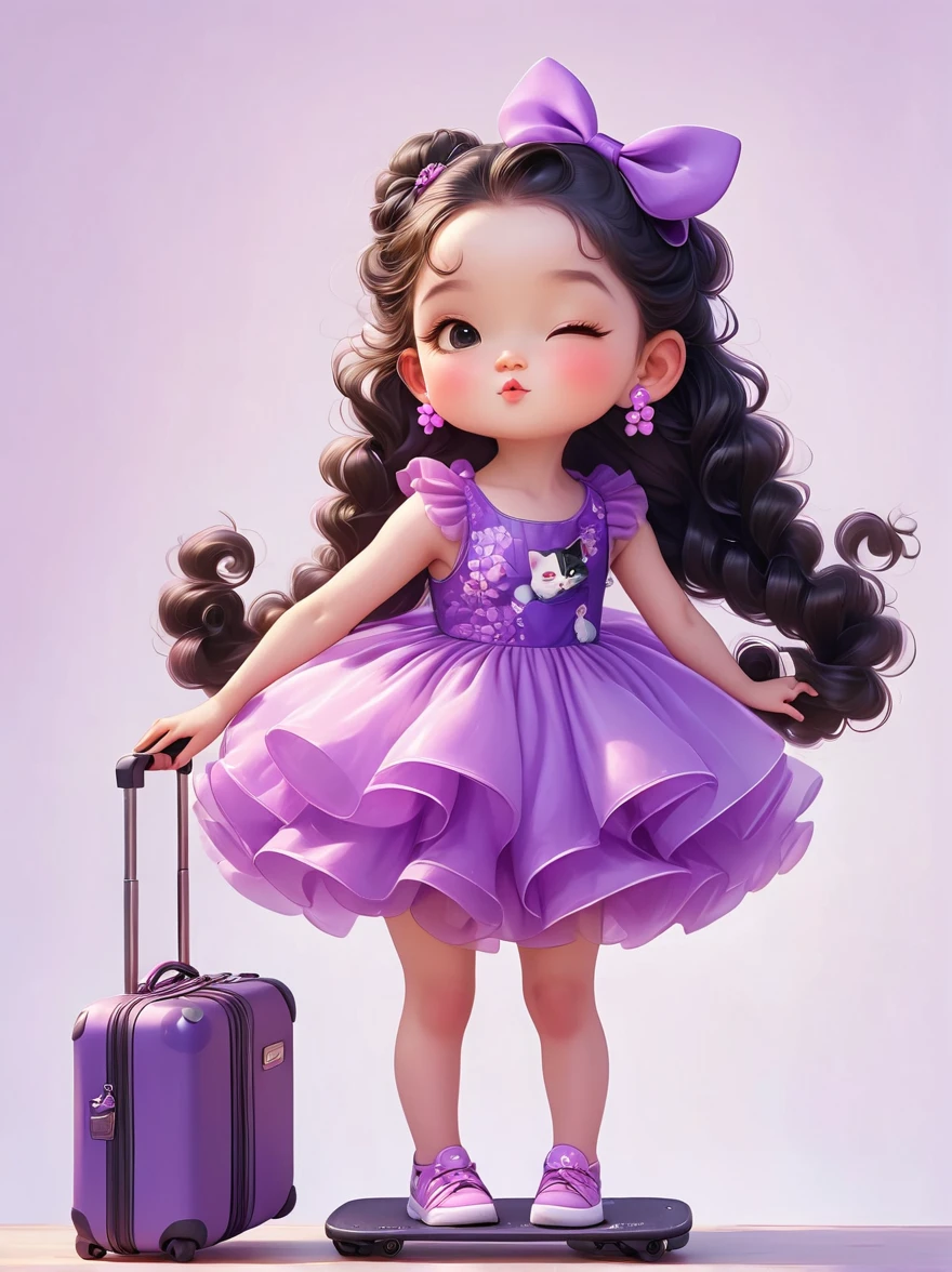 Full body portrait, cute baby girl (six years old, long curly black hair ,fluffy,long eyelashes,round and chubby face,purple dress) ,pulling the suitcase, a cat,smile,Soft light,in the art of kawaii pop culture icons, digital airbrushing,high quality, smooth lines, cartoon style,trending on Instagram, ultrarealistic,Soft light, natural lighting, in the style of 2d game art, an flat illustration poster ,HD, 8k