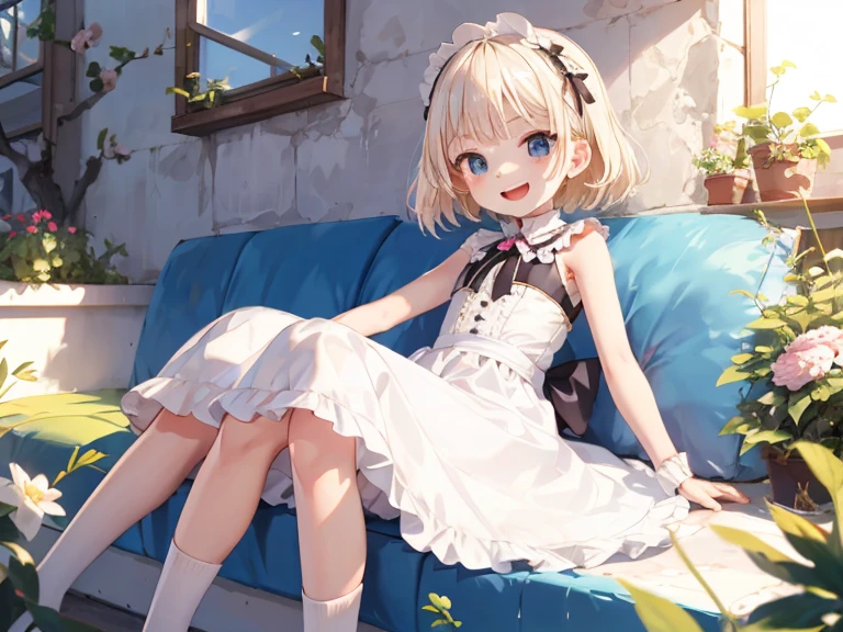 Best Quality, ultra-detailliert, Lolita Fashion, 1 young girl（8ars old）,a beauty girl，A smile， Arm in arm, platinum-blonde-hair, in the galapagos islands，flat chest，Perfect limbs，The morning sun shines