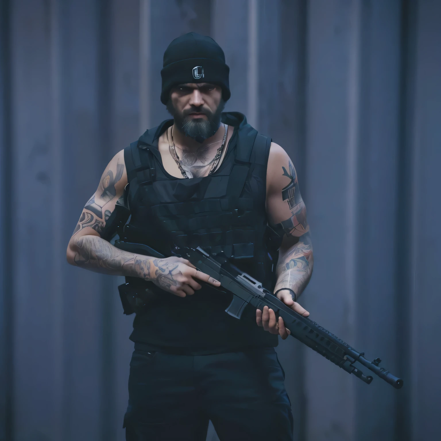 there is a man with a beard and a gun in his hand, gta character, cyberpunk street goon, holding a mp7, as a character from gtav, holding pdw, full body shot hyperdetailed, gta 6 style, holding shotgun, no hood | | realistic shaded, british gang member, gta v character, as the protagonist of gta 5, holding a weapon