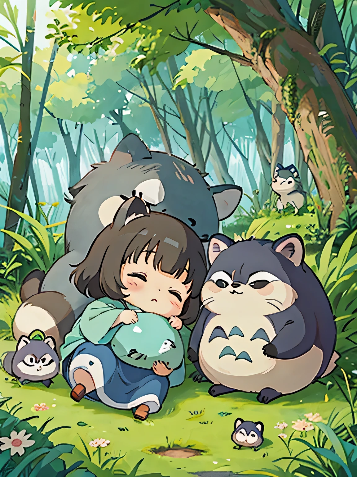 hayao miyazaki style, Kawaii Design, The most beautiful girl of all time、Chibi, Totoro、sleeping together、Lots of cute raccoons、Playing with raccoon dogs、Totoro Forest