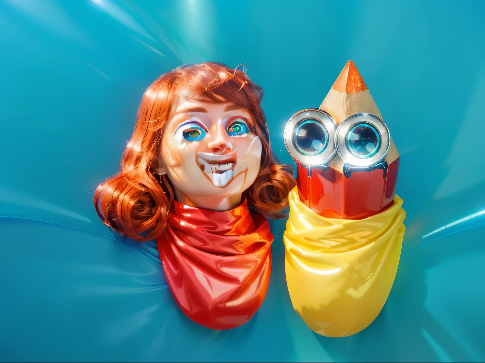 A cartoon girl with a huge smile and red hair is peeking out from a baby bag. Next to her is a red pencil character with eyes crying, also wrapped in a blanket. Both are laying on a blue background blanket., glossy texture, smooth 3d model, multiple light sources, rim light, sharp post effects render, (glossy plastic texture with multiple big light probe refractions), perfect cgi, smooth silhouette, high intensity refraction, (super glossy material), most beautiful vfx, blue background, plastic refractions, realistic, 4k, high resolution, rim light, photo shoot, commercial photo, profile shot, 4k, rim light, high resolution, 4k, glossy texture, smooth 3d model, multiple light sources, rim light, sharp post effects render, (glossy metallic texture with multiple big light probe refractions), perfect cgi, cgi art created only with gradients, smooth silhouette, high intensity refraction, (super glossy chrome material), most beautiful vfx, blue background, chrome metal refractions, multiple light sources, rim light, sharp post effects render, perfect cgi, digital art, detailed digital art, reflective, best quality, 4k, masterpiece:1.2, ultra-detailed, realistic, vivid colors, dark and moody lighting, The image of the highest quality, ensuring every detail showcased perfectly. It in 4k resolution, allowing viewers to immerse themselves in the richness of the colors and intricate details. The realistic rendering. under the spotlight, reflecting, high-resolution image, realistic rendering, dark background, and rim light photorealistic