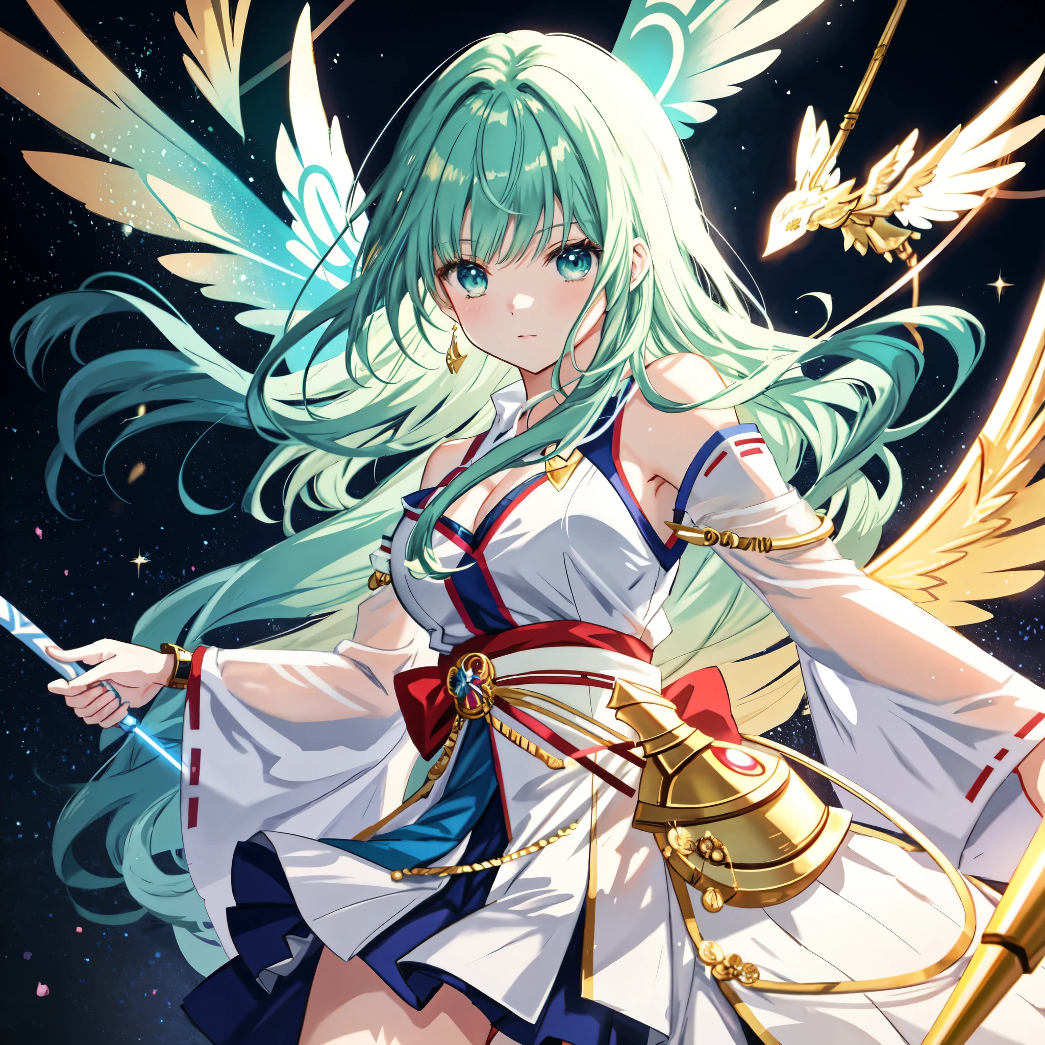 **AI Illustration Prompt for Seart** 
- **Theme**: Tsukuyobi no Miko (Moon Calling Child), dedicated to the soul
- **Character**: One female character
- **Worldview**: Fusion of anime and manga, blurring fantasy and reality
- **Body Type and Skin Color**: Slim, muscular, natural skin tone
- **Costume and Colors**: Modern clothing, primary colors: gold, blue, green
- **Hairstyle and Color**: Mainly long hair, with elements of other styles. Hair color: gold with hints of blue and green
- **Wings**: Present, symbolizing freedom and strength
- **Props**: A magic wand
- **Emotions and Movements**: Brave, active expressions and movements. Character is swinging her magic wand, moving forward powerfully, indicating she's heading into battle.
- **Perspective**: Character in the foreground, background appears distant
- **Composition**: Character positioned in the center of the screen
- **Background and Colors**: Fantasy forest, natural colors
- **Lighting**: Dramatic lighting emphasizing character's emotions and scene's importance
- **Style1**: Realistic bikini, Zero Two, Yandere complex, Anime goddess, Knight of the Zodiac girl
- **Style2**: Casual clothes, White anime Barbie, Biomechanical, Casual clothing, Anime Moe art style, Dress, Desktop background, Biomechanical large chest
- **Image Quality**: 8K high-quality detailed art, Photorealistic rendering of an anime girl, [ 4K Digital Art ]!!, Anime with attention to detail, Very detailed short full-body portrait!, Pixiv digital art, Anime art wallpaper 8 K

