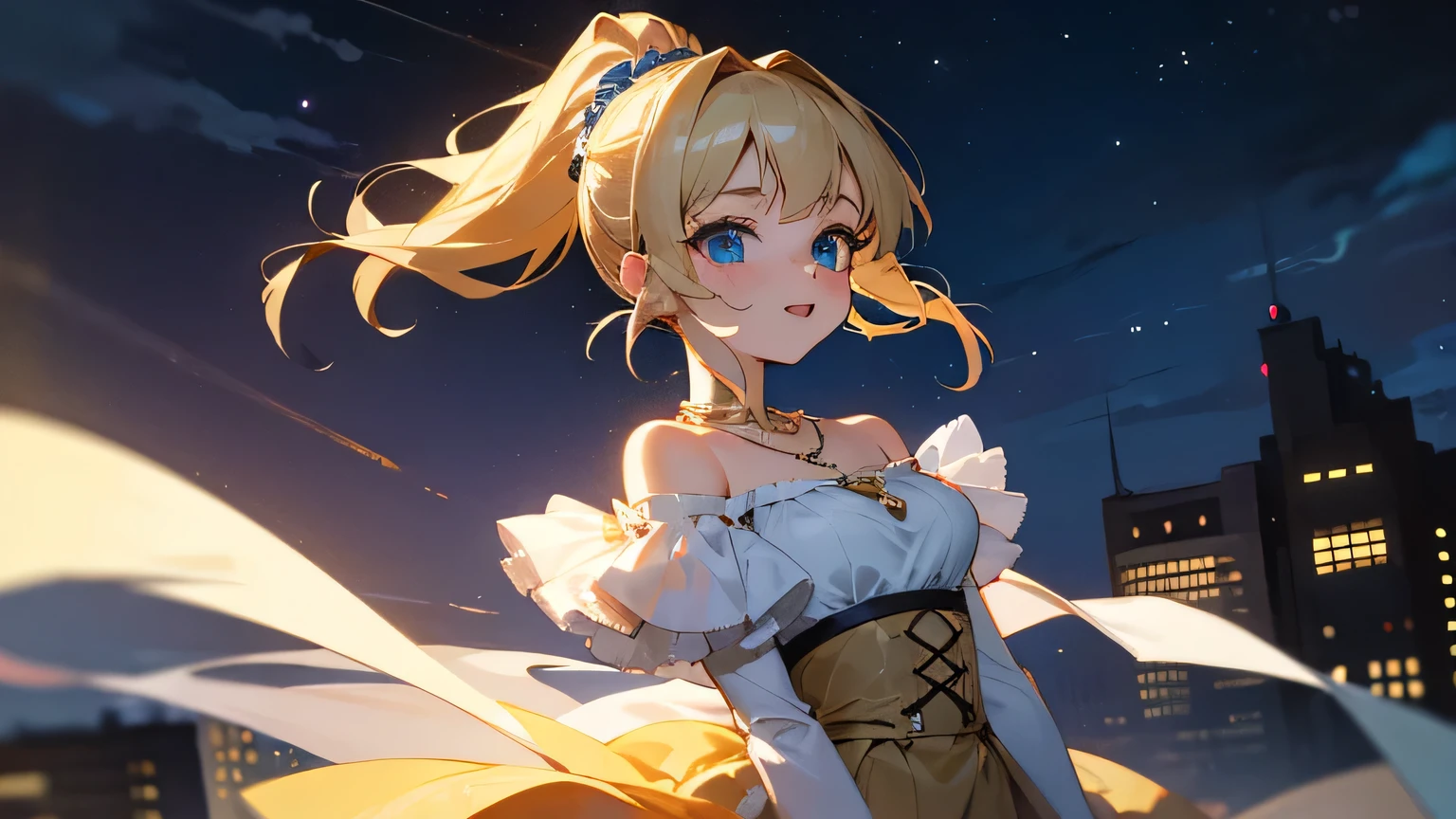 masterpiece, best quality, beautiful, insanely detailed, hyper detailed, female, happy, glad, delightful, cheerful, kawaii, beautiful, dreamy atmosphere, romantic academia, spot lighting, stage lights, dramatic lighting, upper body, blonde, blue eyes, big eyes, fair skin, short, slender, skirt, gyaru, off shoulder, necklace, 20-year-old, ponytail, frilled clothing, in the city, at night, with a starry sky, dance