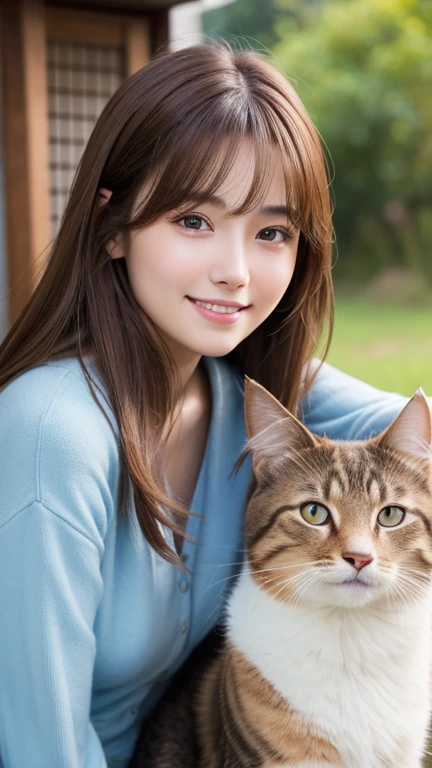 Brown Hair,Medium Hair,20-year-old female, With the correct face, Cute natural smile, Japanese facial features, A clean and cute face, Realistic portraits, 8K Photo, Soft Makeup,Natural skin texture,Raw photo,highest quality,Full Body Shot,Playing with cats
