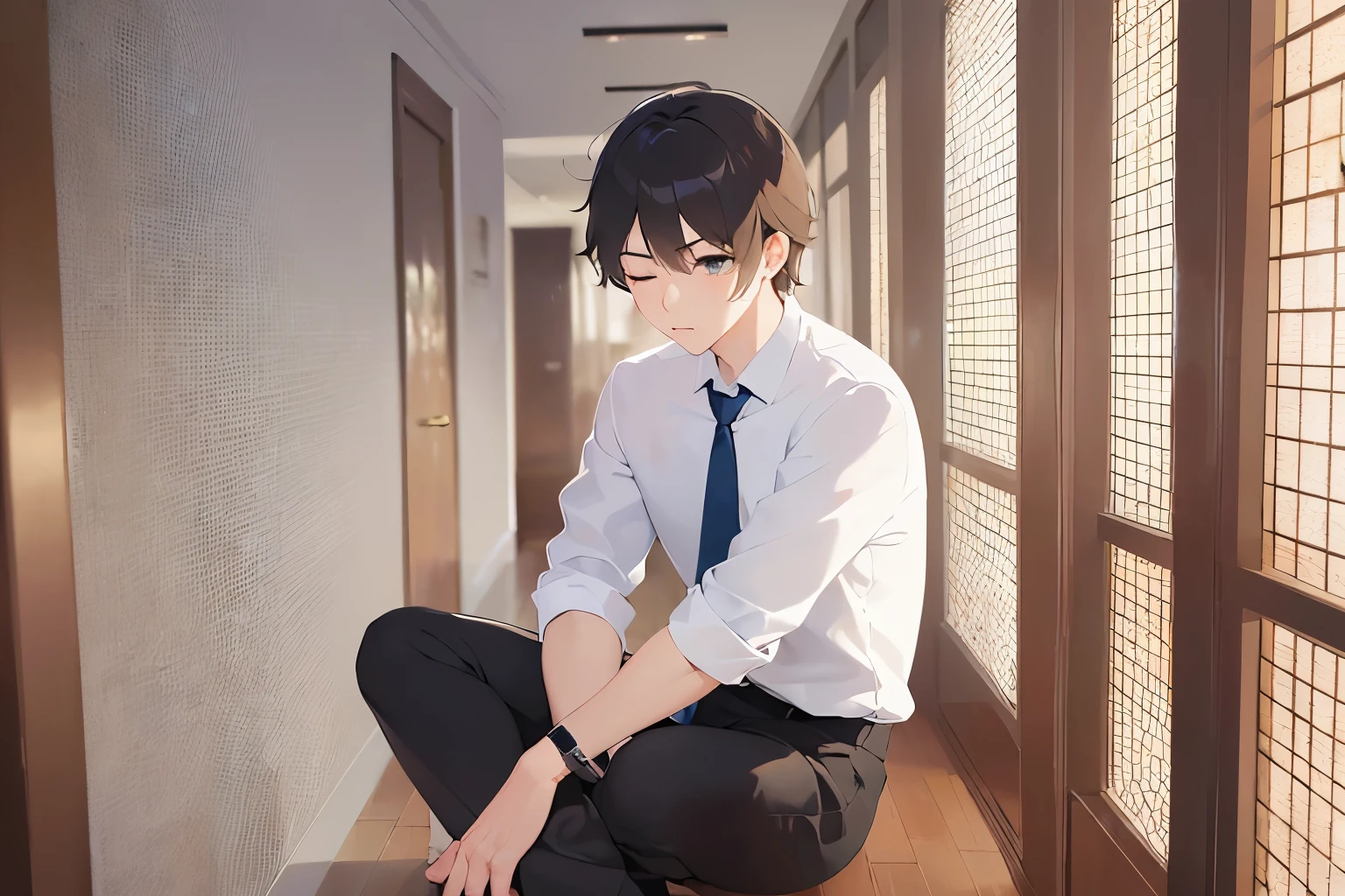 masterpiece、highest quality、(25-year-old male:1.5) and (Brown short hair) and (Green Eyes) and (One eye closed:1.5), (Wearing a suit) and (White shirt) and (Blue tie)、Sitting、(sleepy:1.5)、The background is the hallway of an apartment building.、(Alone:1.5)、Upper body is shown、