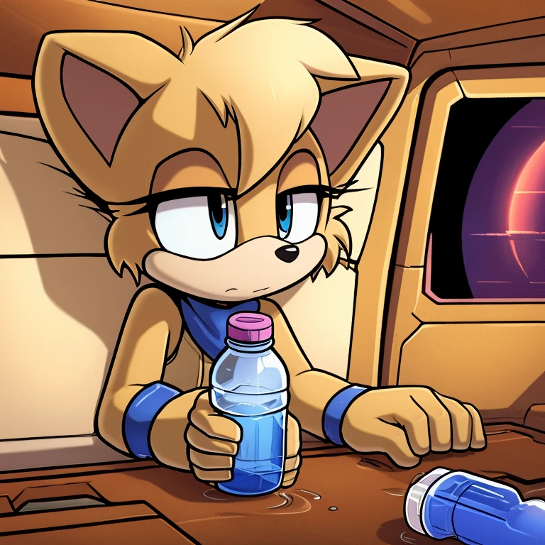 score_9, score_8_up, score_7_up, 1girl, fay, furry, in spaceship, drinking, water bottle