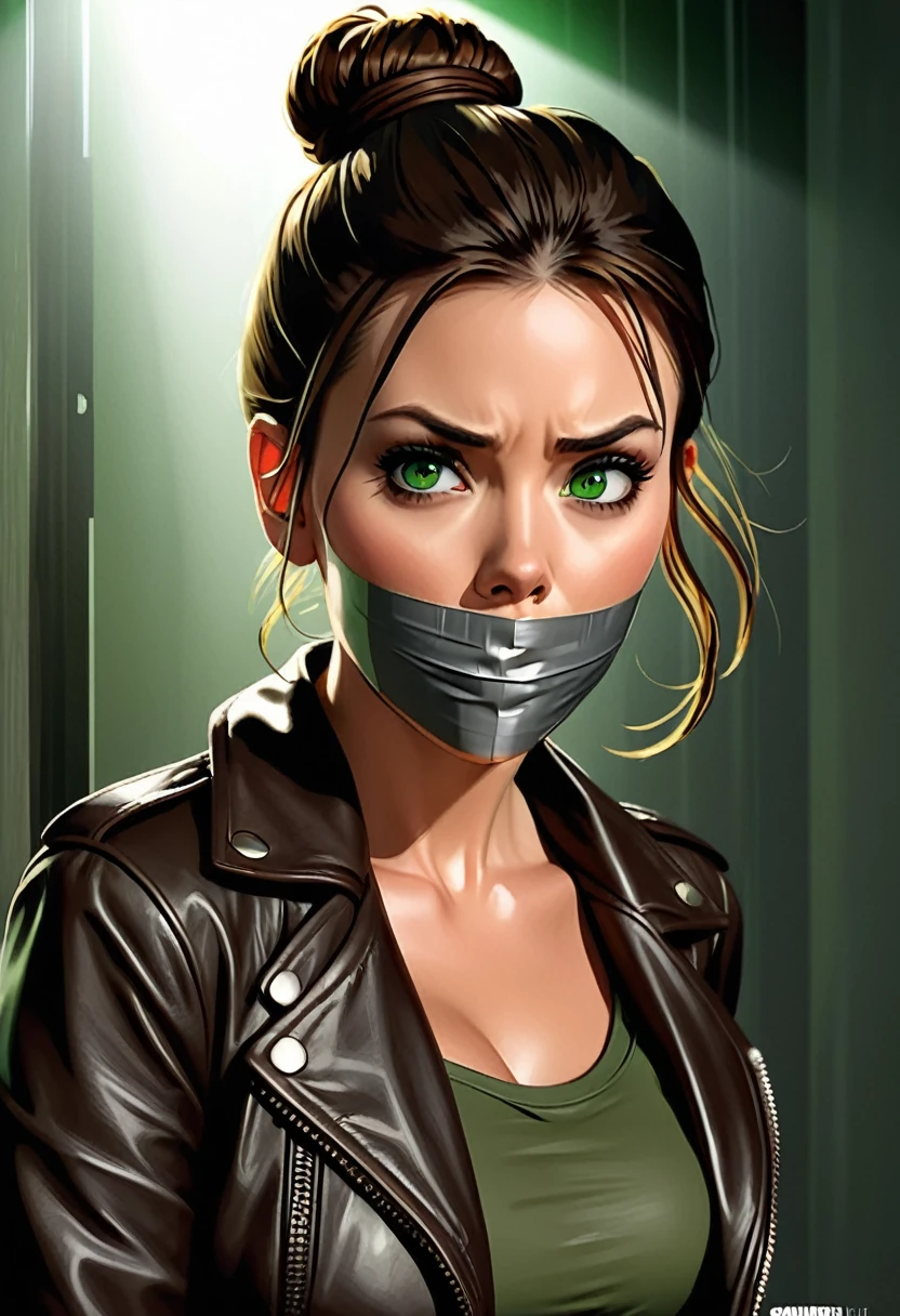 graphic novel illustration, photorealistic, 1girl (Scarlett Johansson:0.5|Megan Fox:0.5), brown shoulder length hair in a bun, green eyes, leather jacket, fear, tape gag, solo, gagged ,ultra high res, ultra-detailed, 8k uhd, dslr, soft lighting, high quality, focus on her face