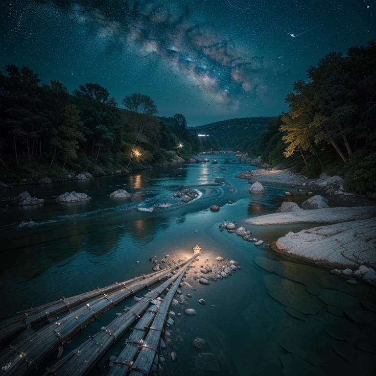 "raw photo, best, work of art, best Quality, high quality, extremely detailed, ((Calm river, crystal clear water and stars in the sky)), award-winning image, high detail, cinematic lighting, rendered, hyper-realistic, best quality , 8k,