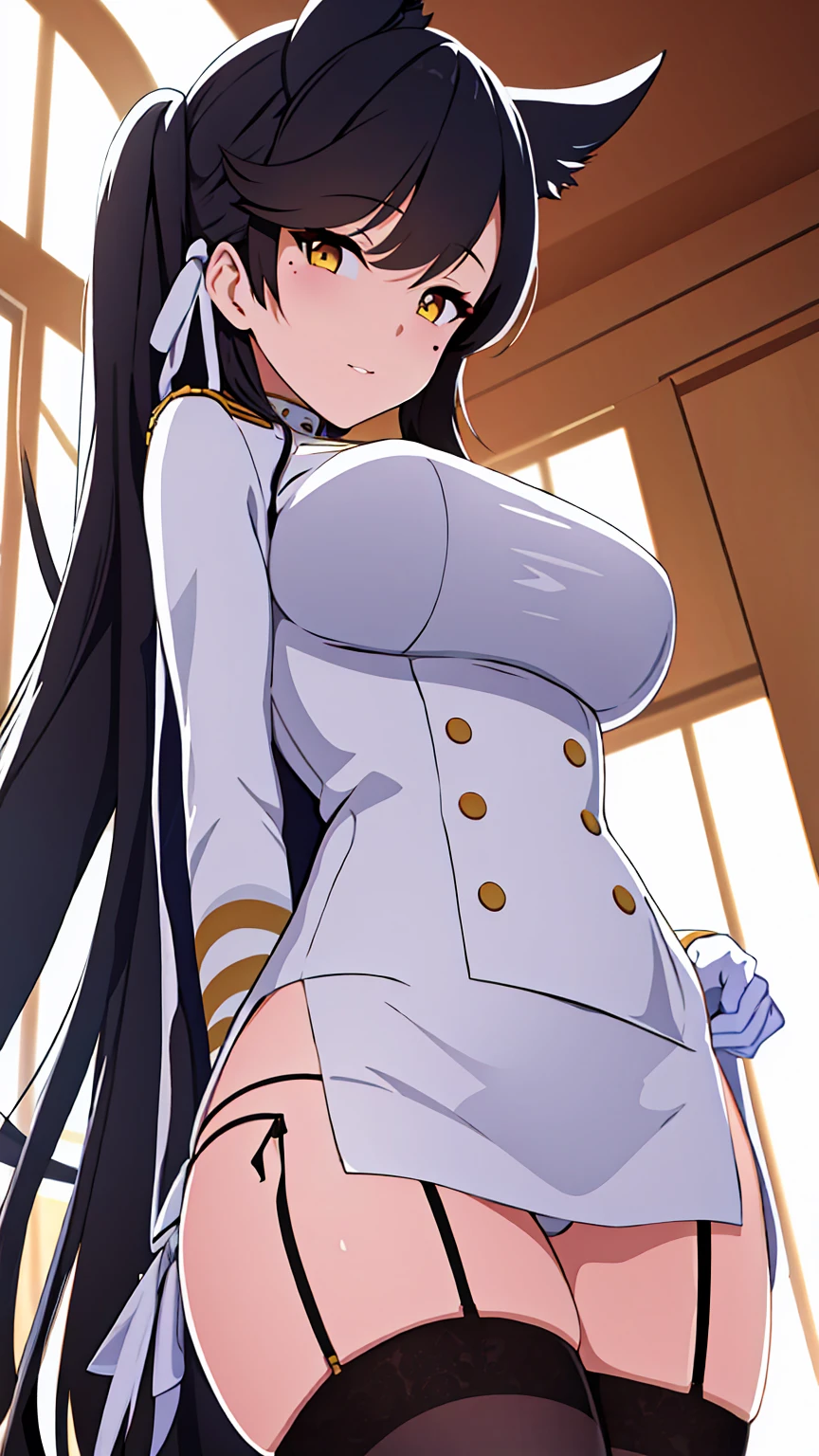 (masterpiece), (best quality), (ultra-detailed), photorealistic, (best illustration), (an extremely delicate and beautiful), 1girl, solo, atago_\(azur_lane\), brown eyes,mole_under_eye,military_uniform, garter_straps, skirt, skirt, black legwear,white gloves,white background,(Nekomimi) bigbust a woman holding a katana pretty face, skin indentation, stunning eyes, rim lighting, skin shading, sub surface scattering masterpiece, best quality, ssao shadows, detailed, intricat ,cowboy shot,, masterpiece, best quality,Very Fine Eyes Very Fine Face、Insanely detailed body、Extremely fine skin, very elaborate hair ornament, Precisely shaped body and hands