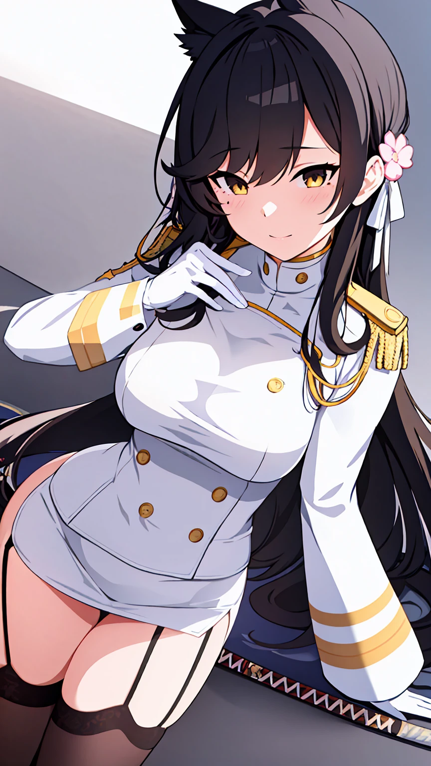 (masterpiece), (best quality), (ultra-detailed), photorealistic, (best illustration), (an extremely delicate and beautiful), 1girl, solo, atago_\(azur_lane\), brown eyes,mole_under_eye,military_uniform, garter_straps, skirt, skirt, black legwear,white gloves,white background,(Nekomimi) bigbust a woman holding a katana pretty face, skin indentation, stunning eyes, rim lighting, skin shading, sub surface scattering masterpiece, best quality, ssao shadows, detailed, intricat ,cowboy shot,, masterpiece, best quality,Very Fine Eyes Very Fine Face、Insanely detailed body、Extremely fine skin, very elaborate hair ornament, Precisely shaped body and hands