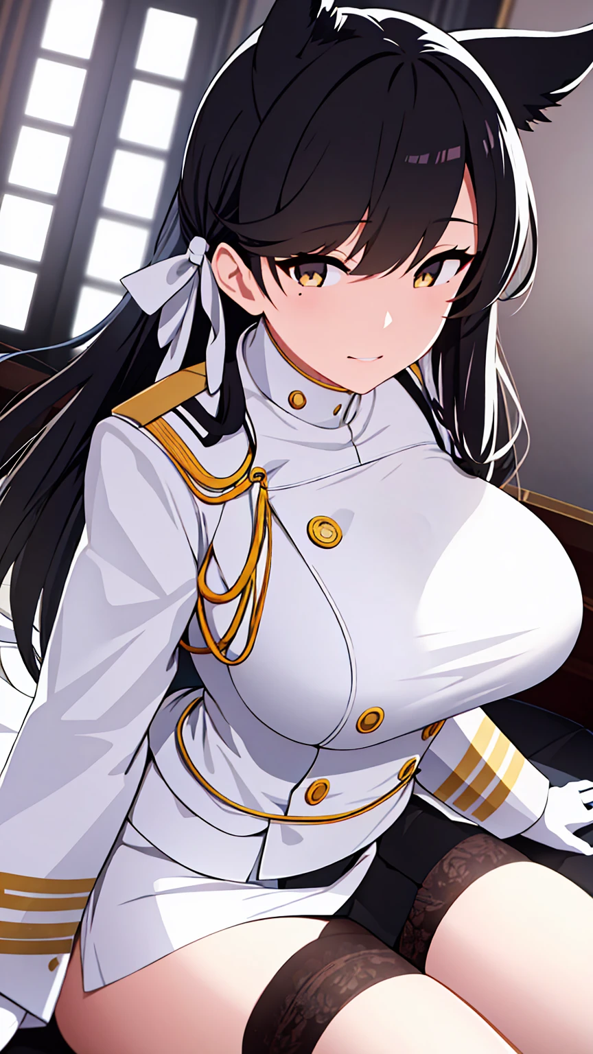 (masterpiece), (best quality), (ultra-detailed), photorealistic, (best illustration), (an extremely delicate and beautiful), 1girl, solo, atago_\(azur_lane\), brown eyes,mole_under_eye,military_uniform, garter_straps, skirt, skirt, black legwear,white gloves,white background,(Nekomimi) bigbust a woman holding a katana pretty face, skin indentation, stunning eyes, rim lighting, skin shading, sub surface scattering masterpiece, best quality, ssao shadows, detailed, intricat ,cowboy shot,, masterpiece, best quality,Very Fine Eyes Very Fine Face、Insanely detailed body、Extremely fine skin, very elaborate hair ornament, Precisely shaped body and hands