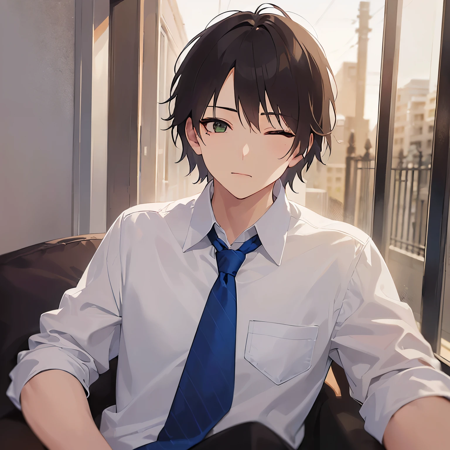 masterpiece、highest quality、(25-year-old male:1.5) and (Brown short hair) and (Green Eyes) and (One eye closed:1.5), (Wearing a suit) and (White shirt) and (Blue tie)、Sitting、(sleepy:1.5)、The background is the hallway of an apartment building.、(Alone:1.5)、Upper body is shown、