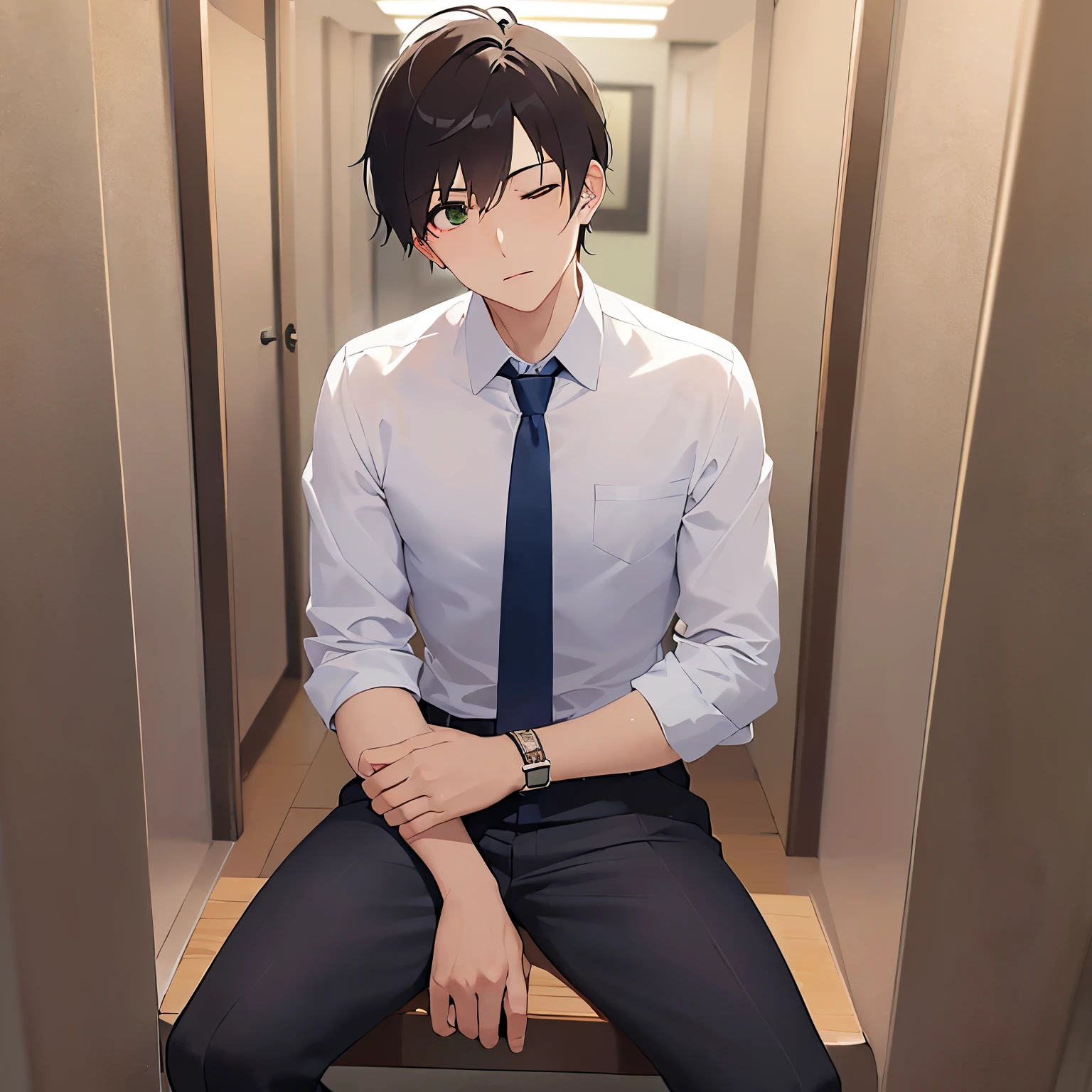 masterpiece、highest quality、(25-year-old male:1.5) and (Brown short hair) and (Green Eyes) and (One eye closed:1.5), (Wearing a suit) and (White shirt) and (Blue tie)、Sitting、(sleepy:1.5)、The background is the hallway of an apartment building.、(Alone:1.5)、Upper body is shown、