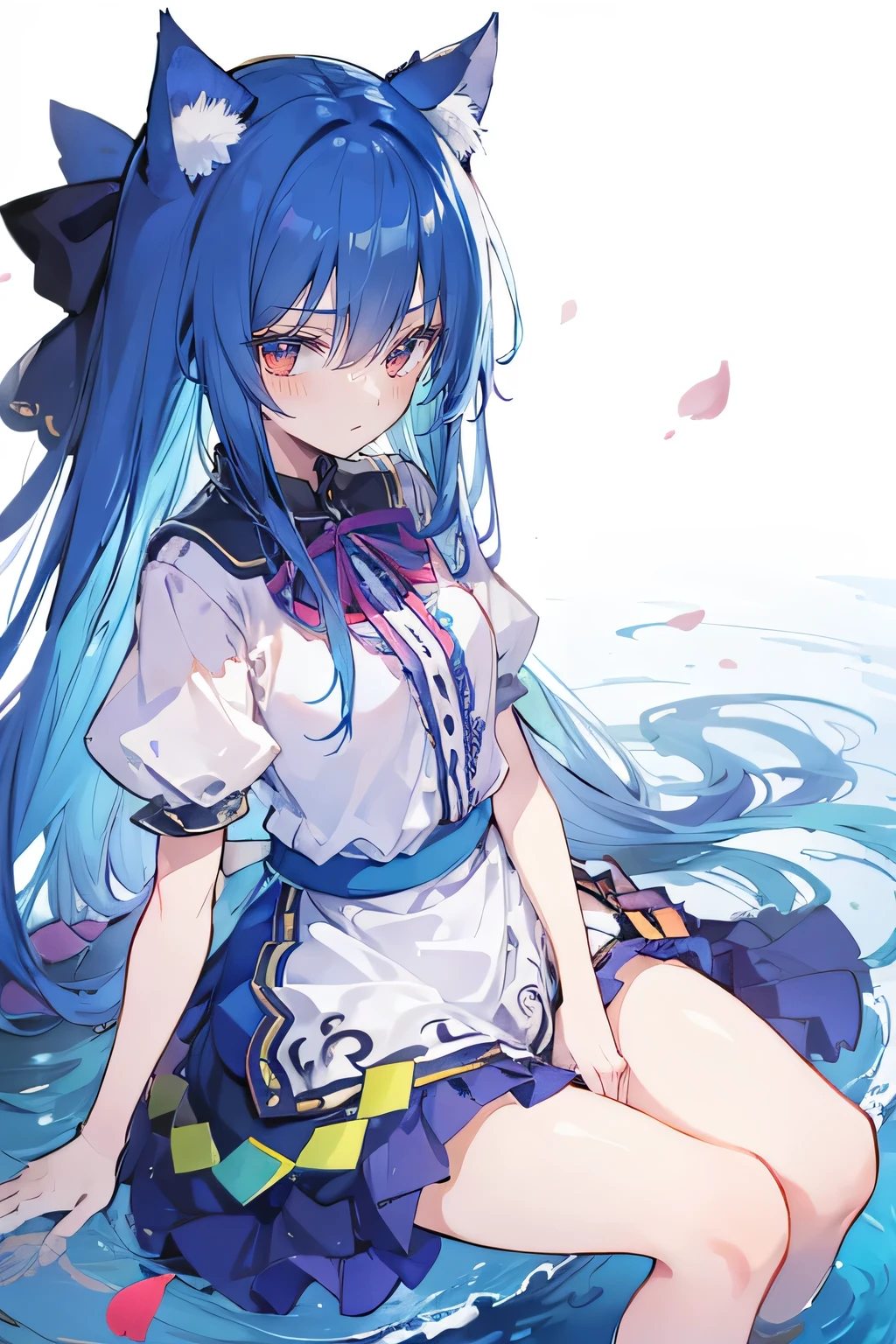 (masterpiece:1.2),ultra-detailed,realistic,expressive eyes,fair-skinned,perfectly shaped face,1girl,
Japanese cartoons,Gorgeous blue hair, flowing blue hair,floating clothes,cat ears,petals falling,beautiful Lola,Hina Angel,
hands on waist,gracefully sitting on the ground,legs crossed,gentle and serene background,cool and comfortable pavilion,shy face ,night .