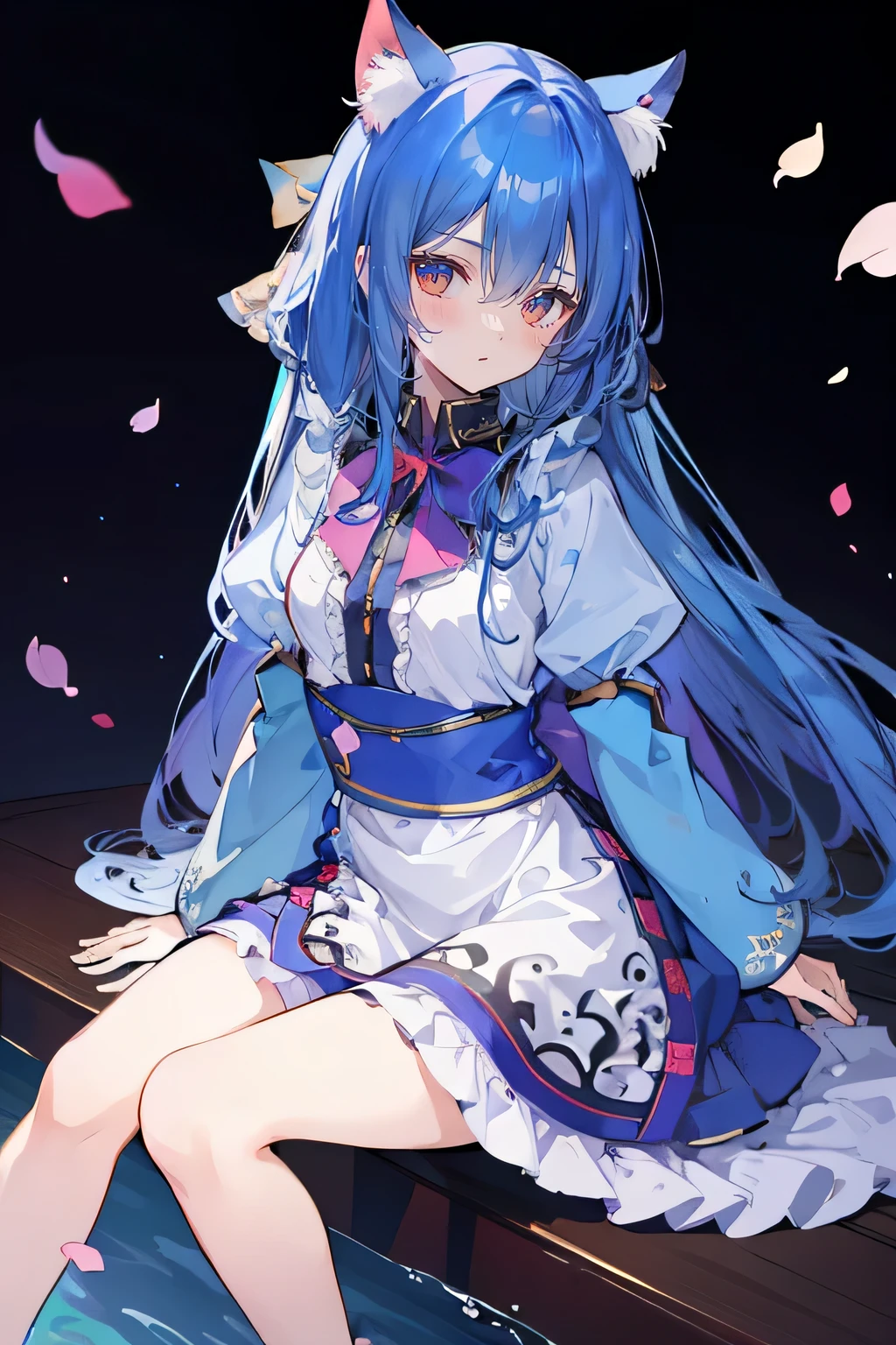(masterpiece:1.2),ultra-detailed,realistic,expressive eyes,fair-skinned,perfectly shaped face,1girl,
Japanese cartoons,Gorgeous blue hair, flowing blue hair,floating clothes,cat ears,petals falling,beautiful Lola,Hina Angel,
hands on waist,gracefully sitting on the ground,legs crossed,gentle and serene background,cool and comfortable pavilion,shy face ,night .