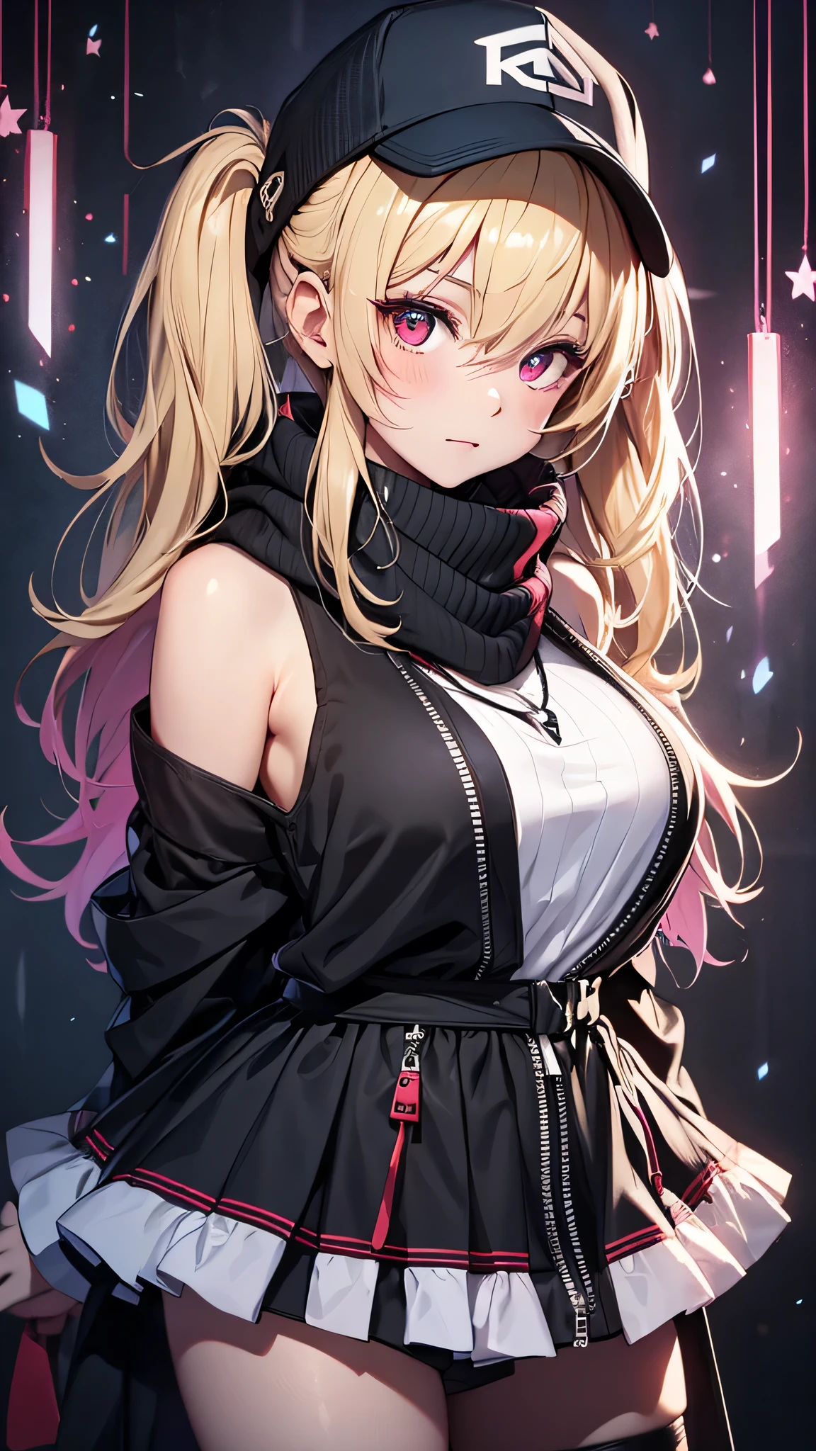 最high quality、Best image quality、masterpiece、girl((18-year-old、 By becoming、Best Bust、Medium Bust,Wide open breast tea、Red glowing eyes,Blonde、Disheveled Hair、Twin tails、thin,The highest valley、Open chest、Luminous Wristbands、hat、hair ornaments、luminous necklace、Black sleeveless hoodie(1:2)、Blue short skirt、Disheveled clothing、Show the whole body,Low - Angle、Hacker-like、sweating、lure、Black cute mask、Leaning against a wall、Black scarf、Holding a penlight、)),high quality、Beautiful art、background((Black Room、Black Wall、Black furniture、Big black TV、Black PC))、Flight、Flying debris、Written boundary depth、movie、Visual Arts、Perfect art、8K,Genuine,