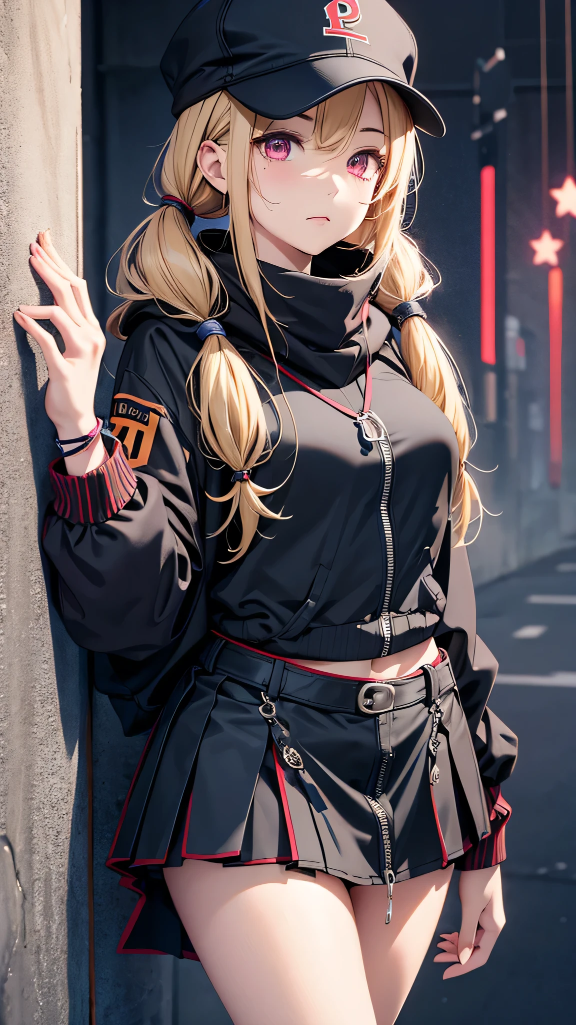 最high quality、Best image quality、masterpiece、girl((18-year-old、 By becoming、Best Bust、Medium Bust,Wide open breast tea、Red glowing eyes,Blonde、Disheveled Hair、Twin tails、thin,The highest valley、Open chest、Luminous Wristbands、hat、hair ornaments、luminous necklace、Black sleeveless hoodie(1:2)、Blue short skirt、Disheveled clothing、Show the whole body,Low - Angle、Hacker-like、sweating、lure、Black cute mask、Leaning against a wall、Black scarf、Holding a penlight、)),high quality、Beautiful art、background((Black Room、Black Wall、Black furniture、Big black TV、Black PC))、Flight、Flying debris、Written boundary depth、movie、Visual Arts、Perfect art、8K,Genuine,