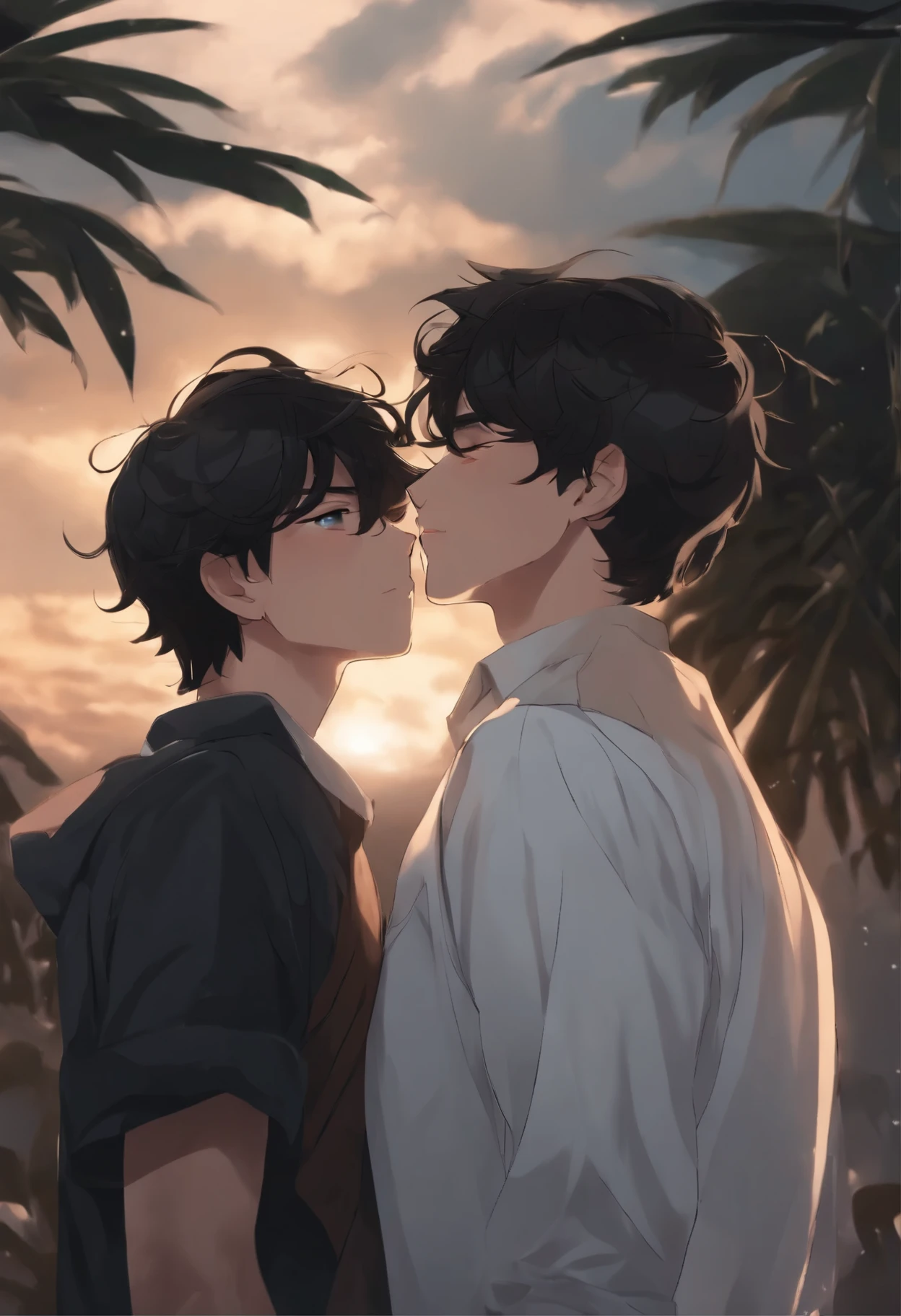 two boys are kissing on the storm, he has short black hair a little long wavy, tan skin, beautiful face, 15 years old boy. his bf has handsome face, look hot, white skin anime version, black hair