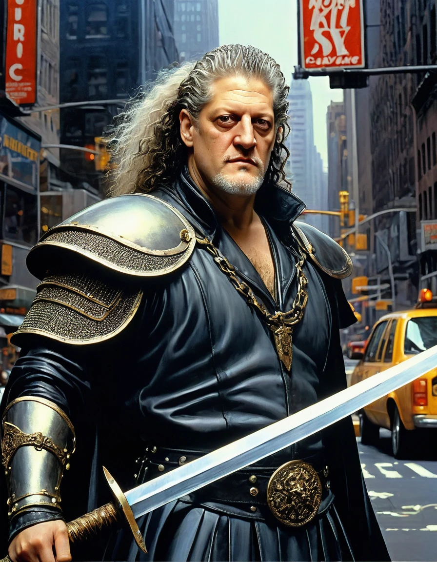 26 years old Clancy Brown as Victor Kurgan the Immortal Highlander from Caucasian Kurgans, 80's punk rock star hair style, stands in a middle of New York City with his gigantic long sword waiting for someone to come, ultra sharp and crisp, oil on canvas painting in Don Lawrence art style