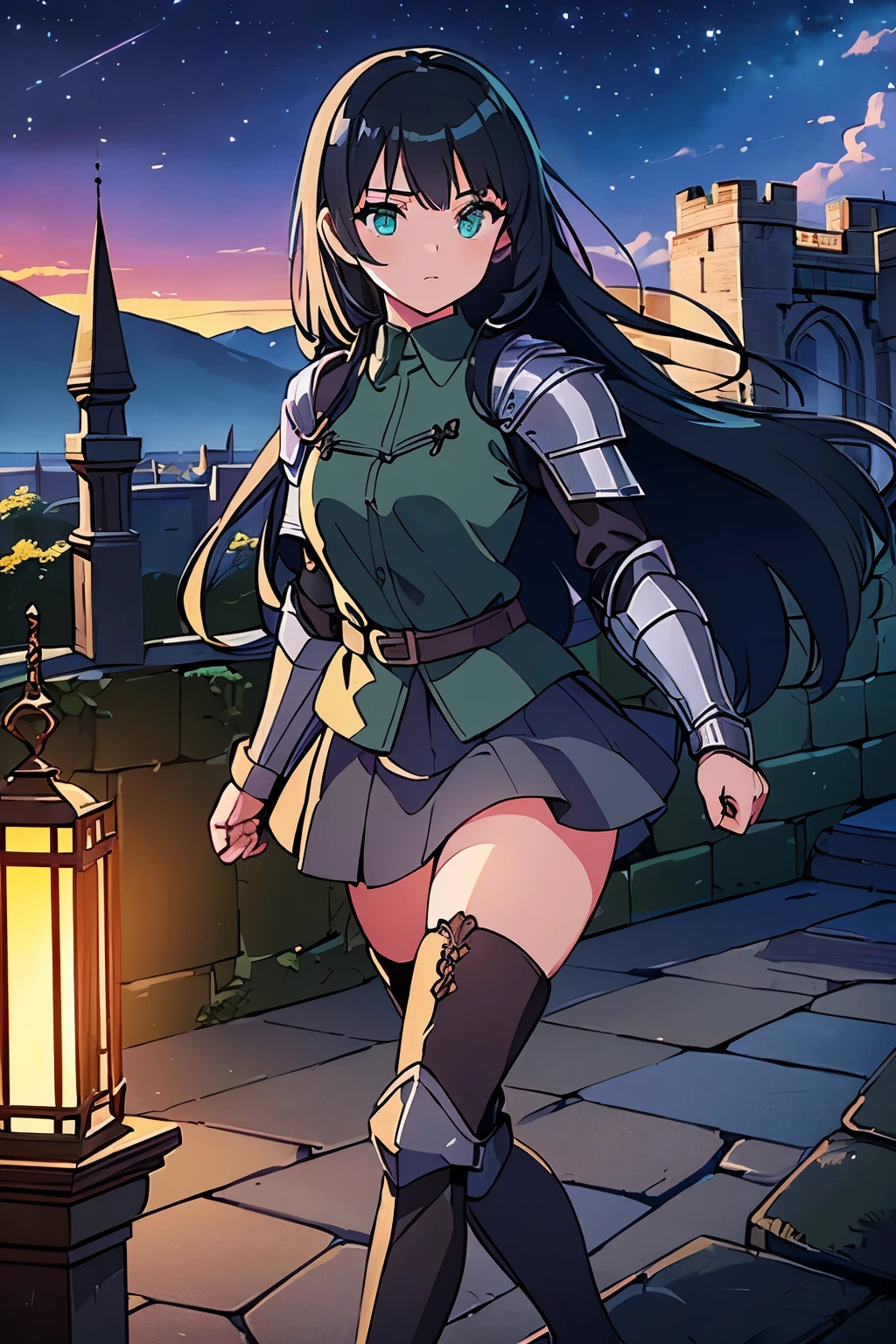 (((masterpiece))), (((best quality))), ((ultra-detailed)), (cinematic lighting), (illustration), (beautiful detailed eyes), (1girl), full body, space, knight, armour, light hair, walking, castle in background, best quality, expressive eyes, perfect face, Girl: (20s, black hair, long hair, dark green baggy shirt, armour, skirt, knee boots),