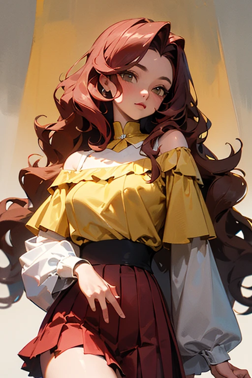 ((best quality)), ((masterpiece)), (detailed), perfect face, Latina, young woman, long wavy hair dyed pink, wears yellow off shoulder blouse and pleated red knee length skirt 