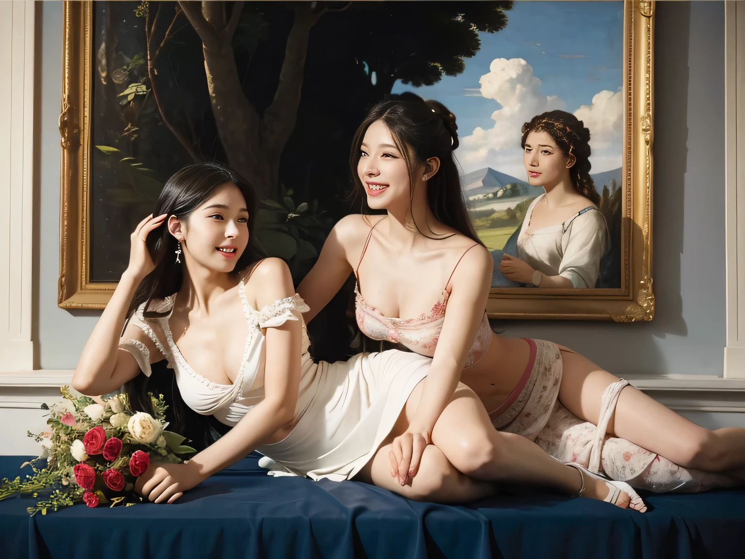 full body portrait or statue、Giorgione painting style,Arguments of two female Philosophe,math、astronomical machine、astronaut、roses in vase、fruits、Cute trinkets、smile、ancient greek costume、Ancient Roman landscape in the style of Nicolas Poussin,laughter,,Sweet and seductive appearance.、Caravaggio's paintings、Chiaroscuro of Caravaggio、hair tousled by the wind,Two women frolicking,cute smile, expression of ecstasy,Sexy,erotic,