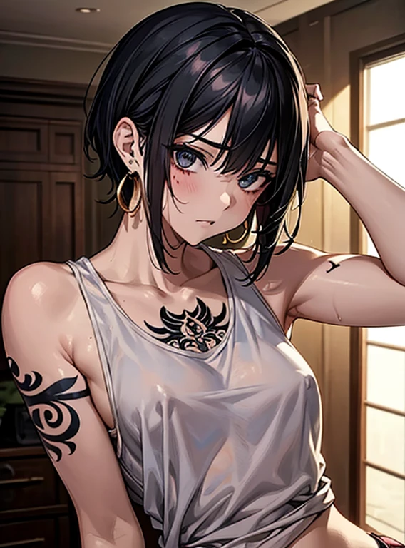 Beautiful breasts、Black Hair、Attractive breasts、Beautiful and attractive anime woman, Enchanting anime girl,Slippery、black eye、beautiful girl、、Quiet、Inconspicuous、White see-through tank top、Big Breasts、Stay in the house、Underwear is visible、Underwear is biting into、Small underwear、Shaved、Wet Skin、（(腕にTattoo))、（For the whole body）Tattoo、Nipples are visible、large hoop earrings、（on the back of your hand）Tattoo、（On the legs）Tattoo、（On my back）Tattoo、（On the stomach）Tattoo、Provocative、（和彫の大きいTattoo）、For the whole bodyTattoo、（On the face）Tattoo、Short Bob、Provocative、肩にTattoo、((Tattoo))、brown、Looking up from below、Brat、Model shooting style