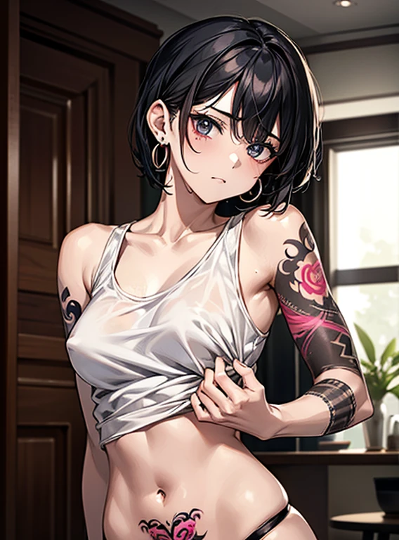 Beautiful breasts、Black Hair、Attractive breasts、Beautiful and attractive anime woman, Enchanting anime girl,Slippery、black eye、beautiful girl、、Quiet、Inconspicuous、White see-through tank top、Big Breasts、Stay in the house、Underwear is visible、Underwear is biting into、Small underwear、Shaved、Wet Skin、（(腕にTattoo))、（For the whole body）Tattoo、Nipples are visible、large hoop earrings、（on the back of your hand）Tattoo、（On the legs）Tattoo、（On my back）Tattoo、（On the stomach）Tattoo、Provocative、（和彫の大きいTattoo）、For the whole bodyTattoo、（On the face）Tattoo、Short Bob、Provocative、肩にTattoo、((Tattoo))、brown、Looking up from below、Brat、Model shooting style