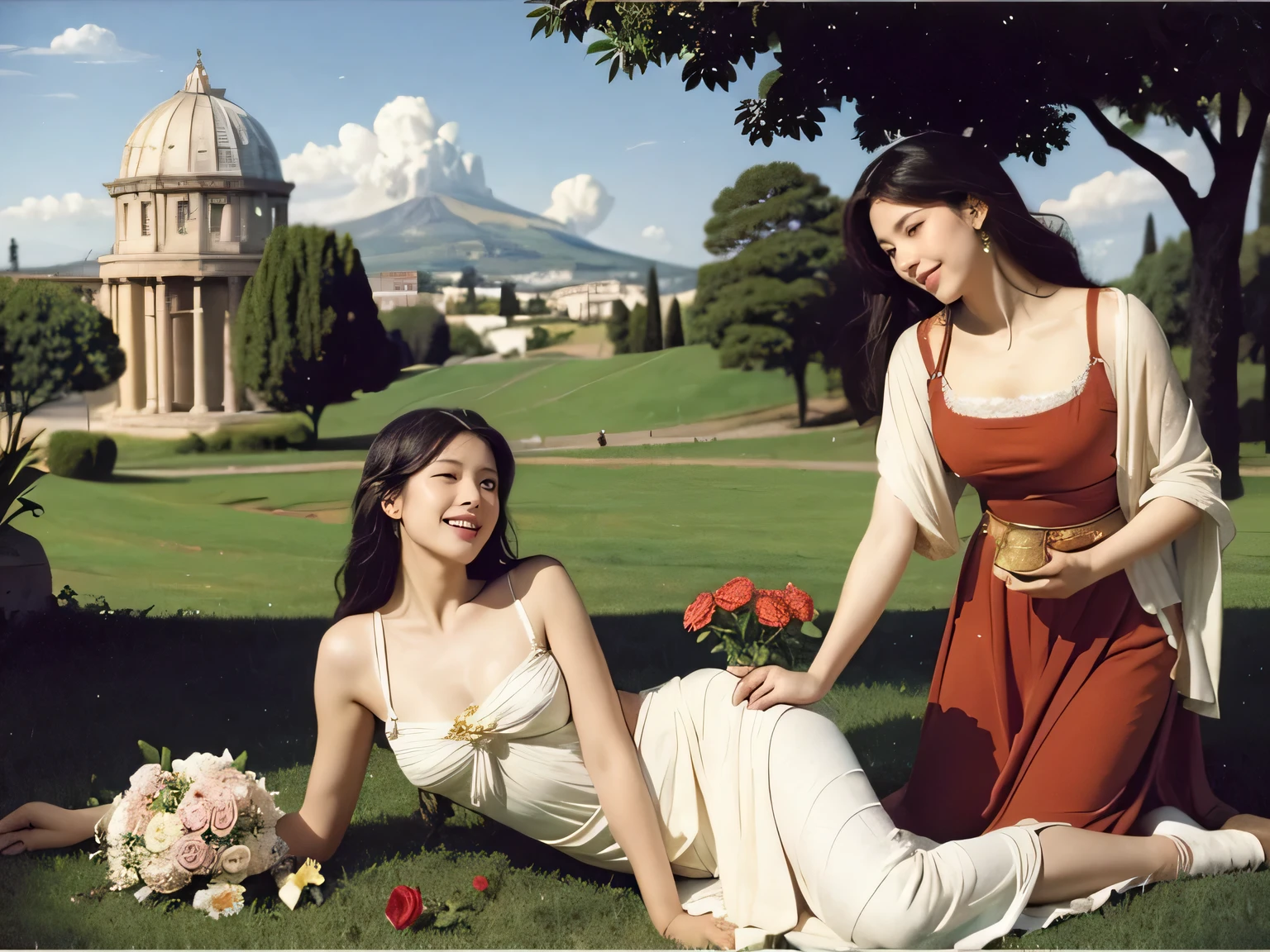 full body portrait or statue、Giorgione painting style,Arguments of two female Philosophe,math、astronomical machine、astronaut、roses in vase、fruits、Cute trinkets、smile、ancient greek costume、Ancient Roman landscape in the style of Nicolas Poussin,laughter,,Sweet and seductive appearance.、Caravaggio's paintings、Chiaroscuro of Caravaggio、hair tousled by the wind,Two women frolicking,cute smile, expression of ecstasy,Sexy,erotic,
