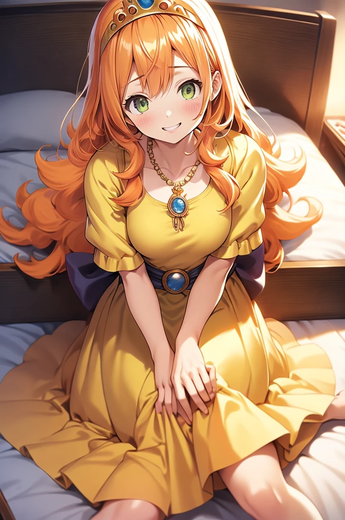 Browsing Caution, masterpiece, highest quality, dq Laura, tiara, Orange Hair, Long Hair, big , teeth, necklace, Yellow Dress, Elbow hand pockets, View your viewers, smile, bedroom, bed, Sitting