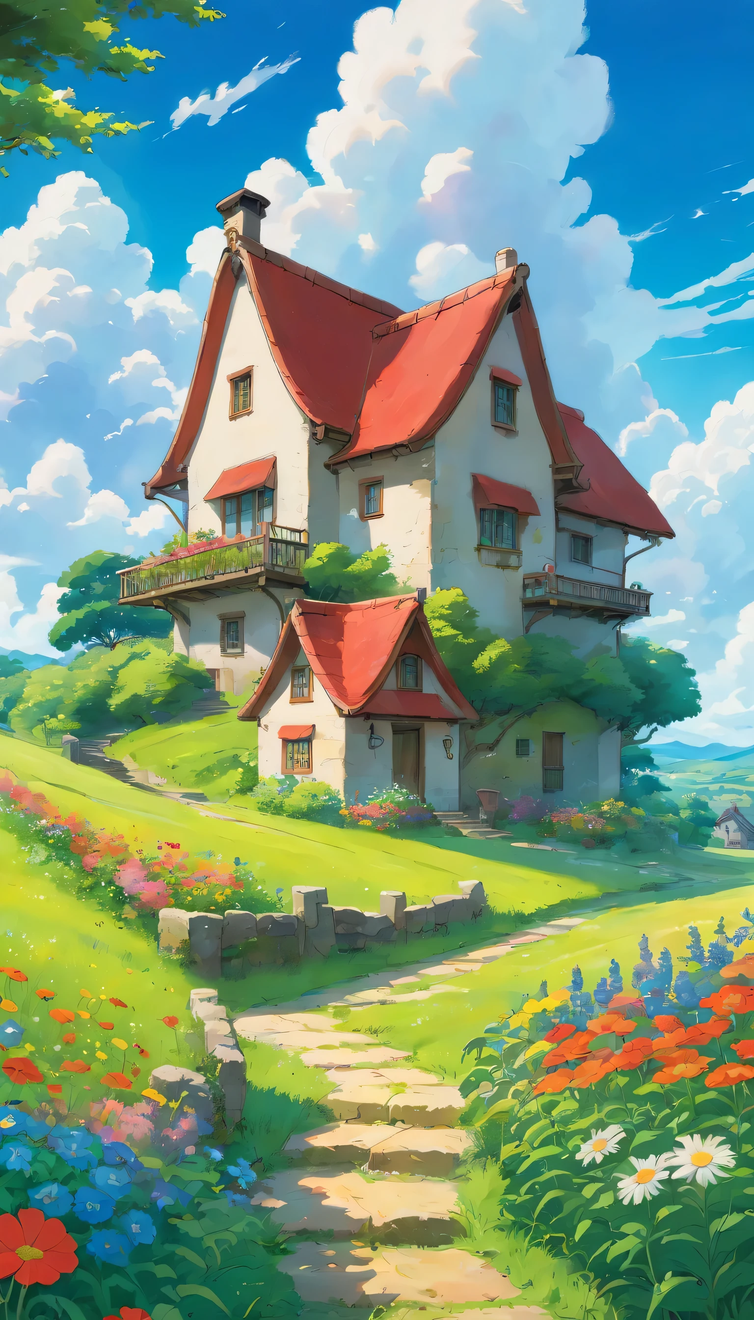 Beautiful house with red roof and vegetable garden in open fields of green grass filled with wild flowers, blue sky and white clouds, no humans 