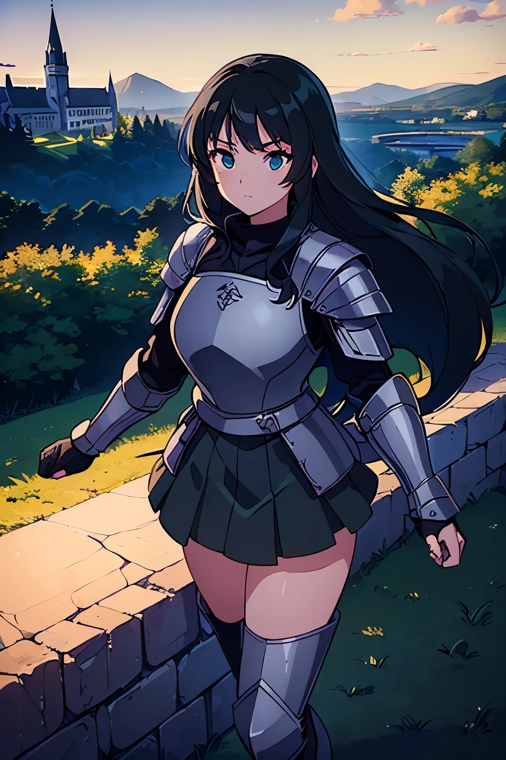 (((masterpiece))), (((best quality))), ((ultra-detailed)), (cinematic lighting), (illustration), (beautiful detailed eyes), (1girl), full body, space, knight, armour, light hair, walking, castle in background, best quality, expressive eyes, perfect face, Girl: (20s, black hair, long hair, dark green baggy shirt, armour, skirt, knee boots),