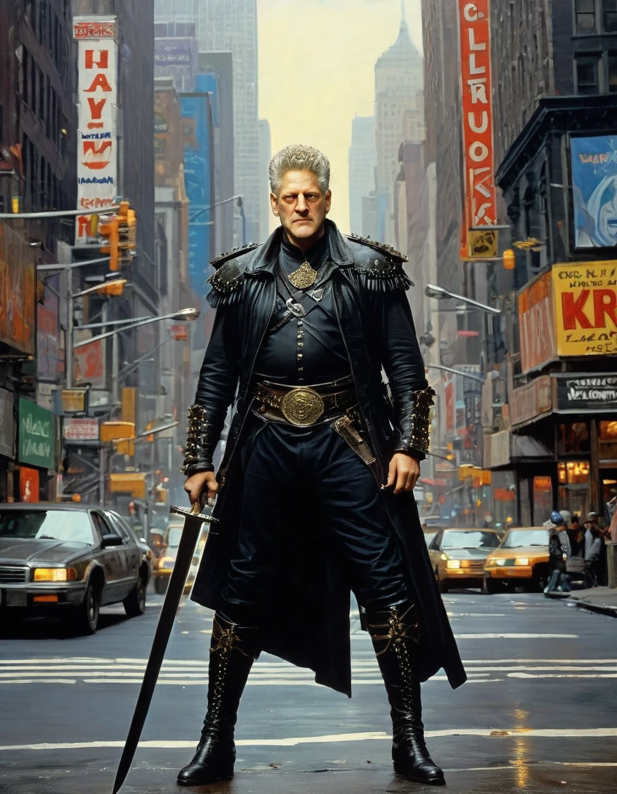 ((26 years old Clancy Brown))as Victor Kurgan the Immortal Highlander from Caucasian Kurgans, 80's mohawk punk rock star hair style, stands in a middle of New York City with his gigantic long sword waiting for someone to come, ultra sharp and crisp, oil on canvas painting in Don Lawrence art style