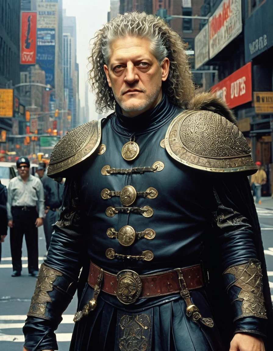 ((26 years old Clancy Brown))as Victor Kurgan the Immortal Highlander from Caucasian Kurgans, 80's mohawk punk rock star hair style, stands in a middle of New York City with his gigantic long sword waiting for someone to come, ultra sharp and crisp, oil on canvas painting in Don Lawrence art style